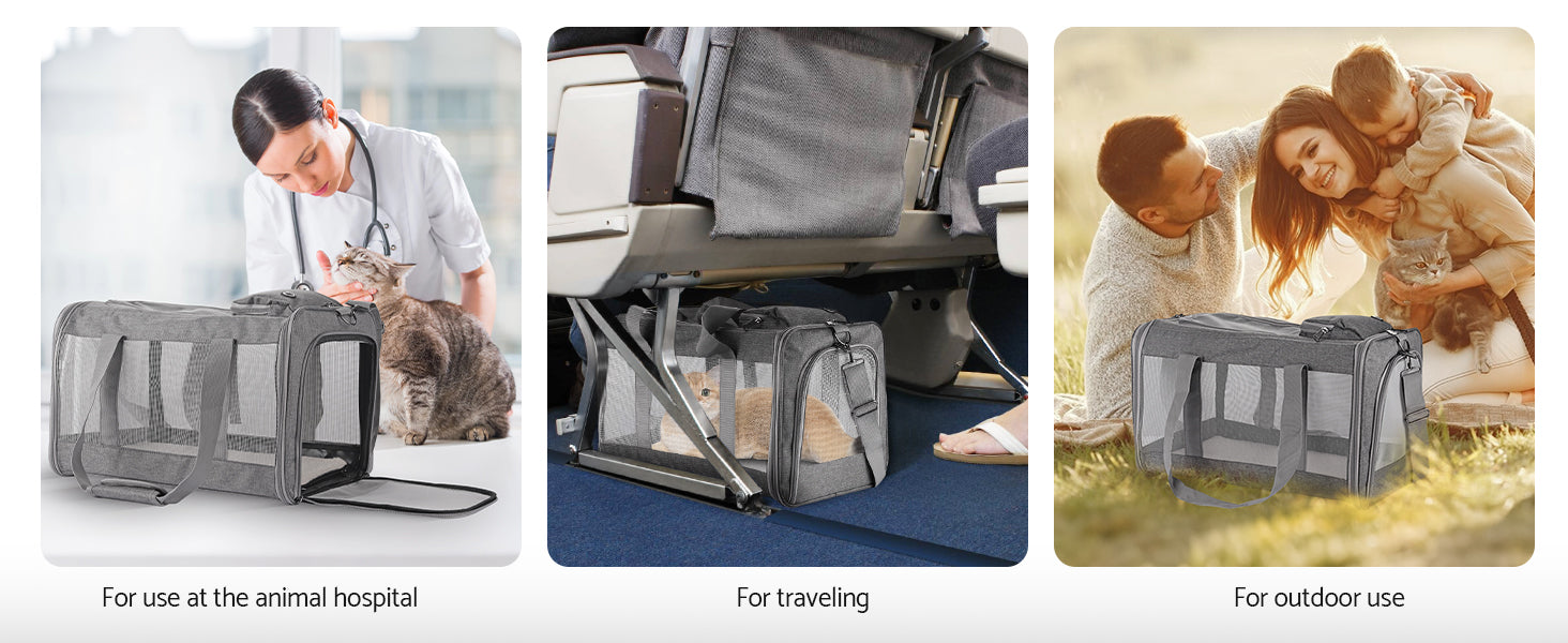 Three scenarios showing a pet carrier used at an animal hospital, for traveling, and for outdoor use.