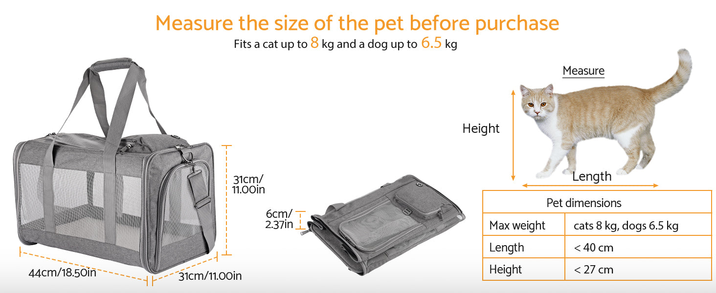 Pet carrier with dimensions and cat illustration for size reference