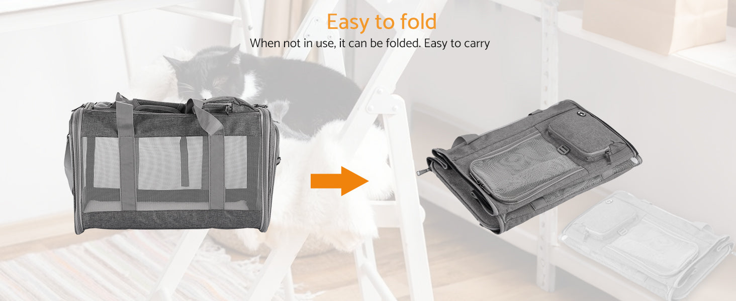 Gray pet carrier shown in two states: folded and expanded, with text indicating ease of folding.
