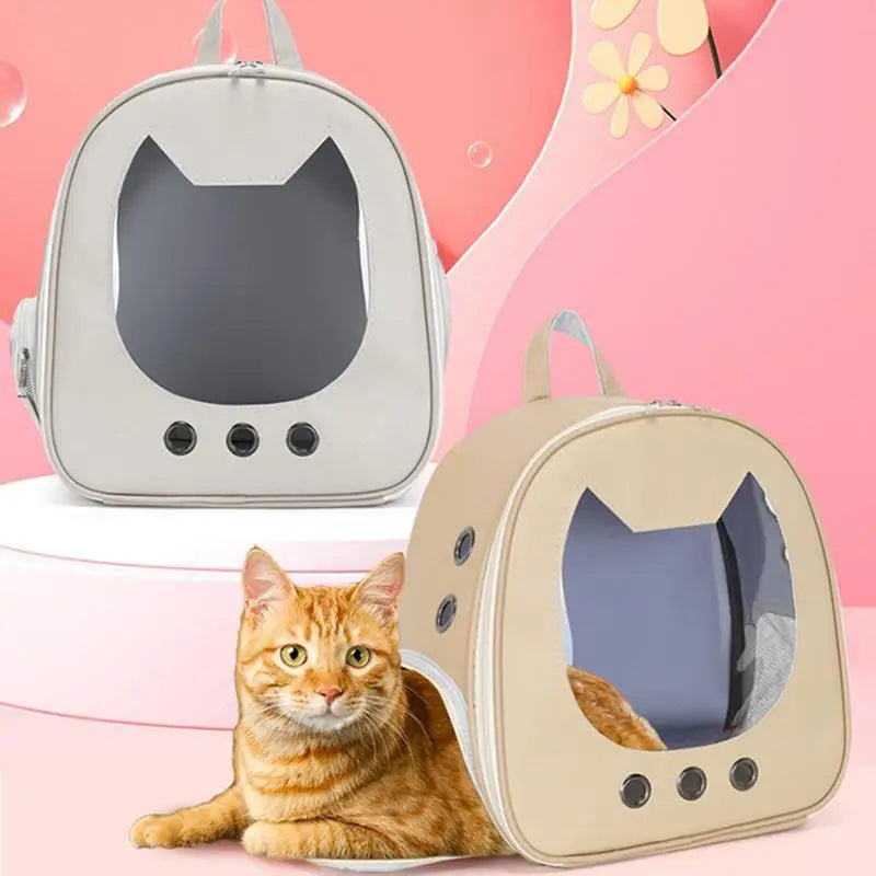 Two pet carriers with a cat peeking out on a pink background
