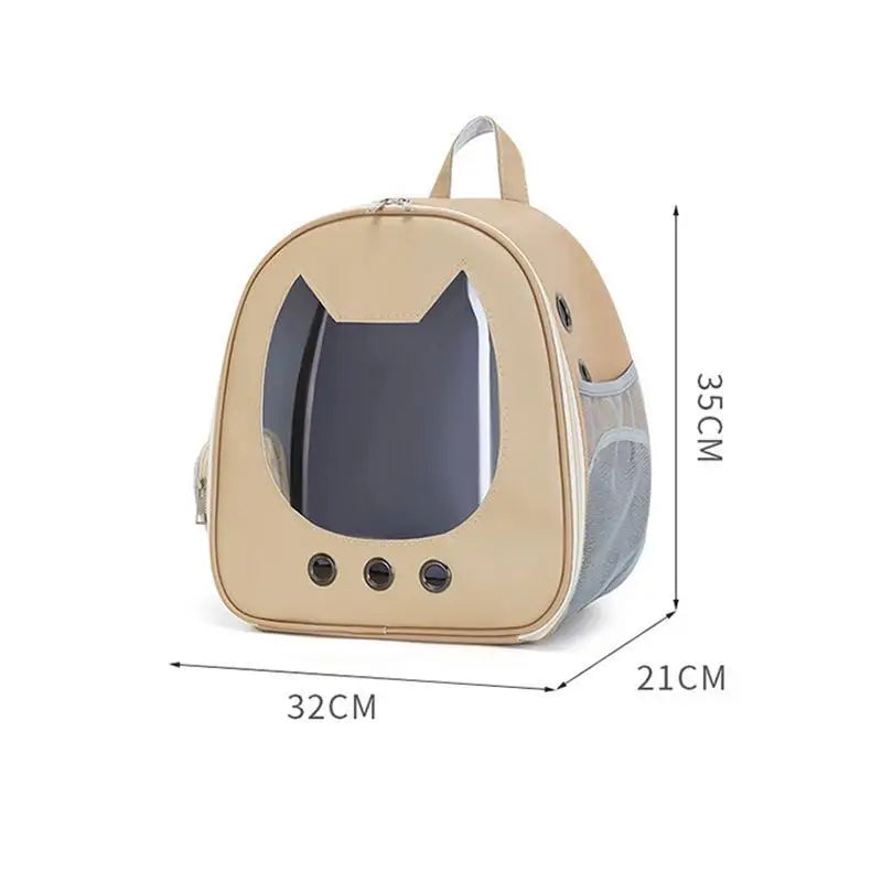 Beige pet carrier with dimensions on a white background