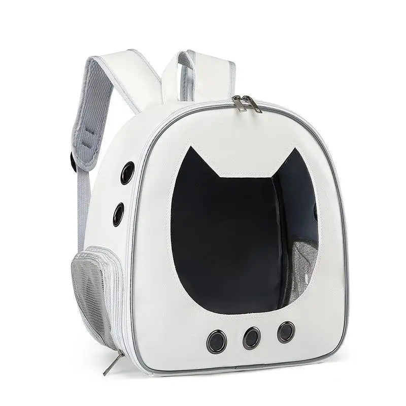 White pet backpack with a clear front window on a white background