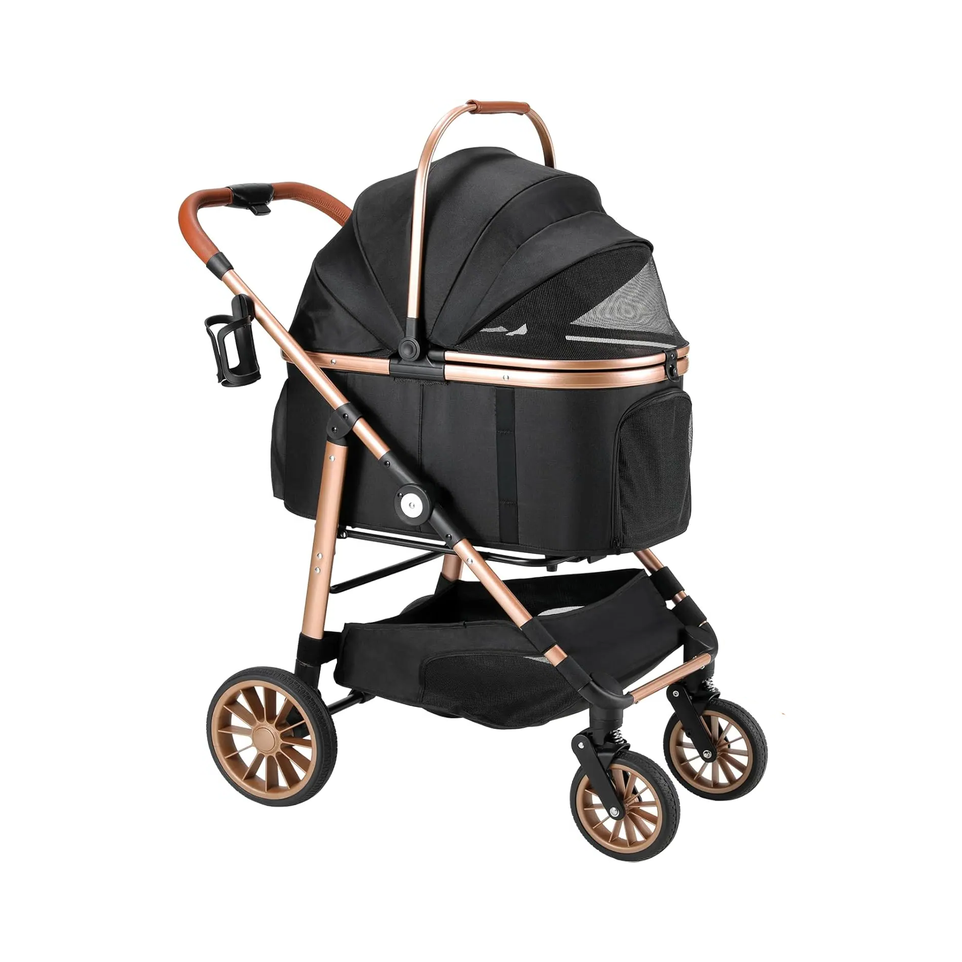 Black and rose gold stroller on a white background