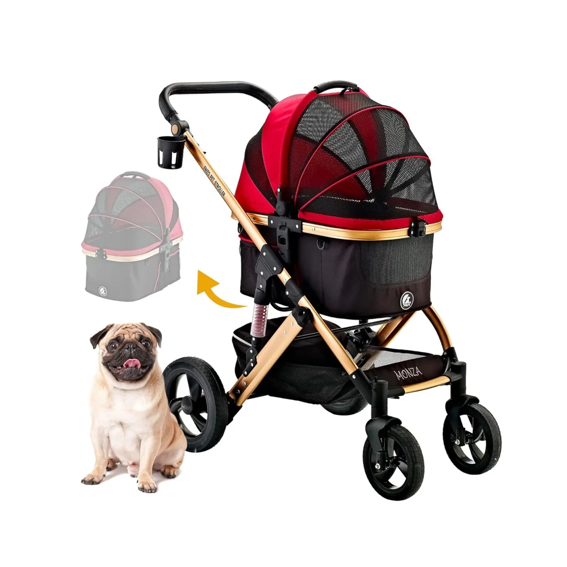 Pet stroller with a dog next to it on a white background