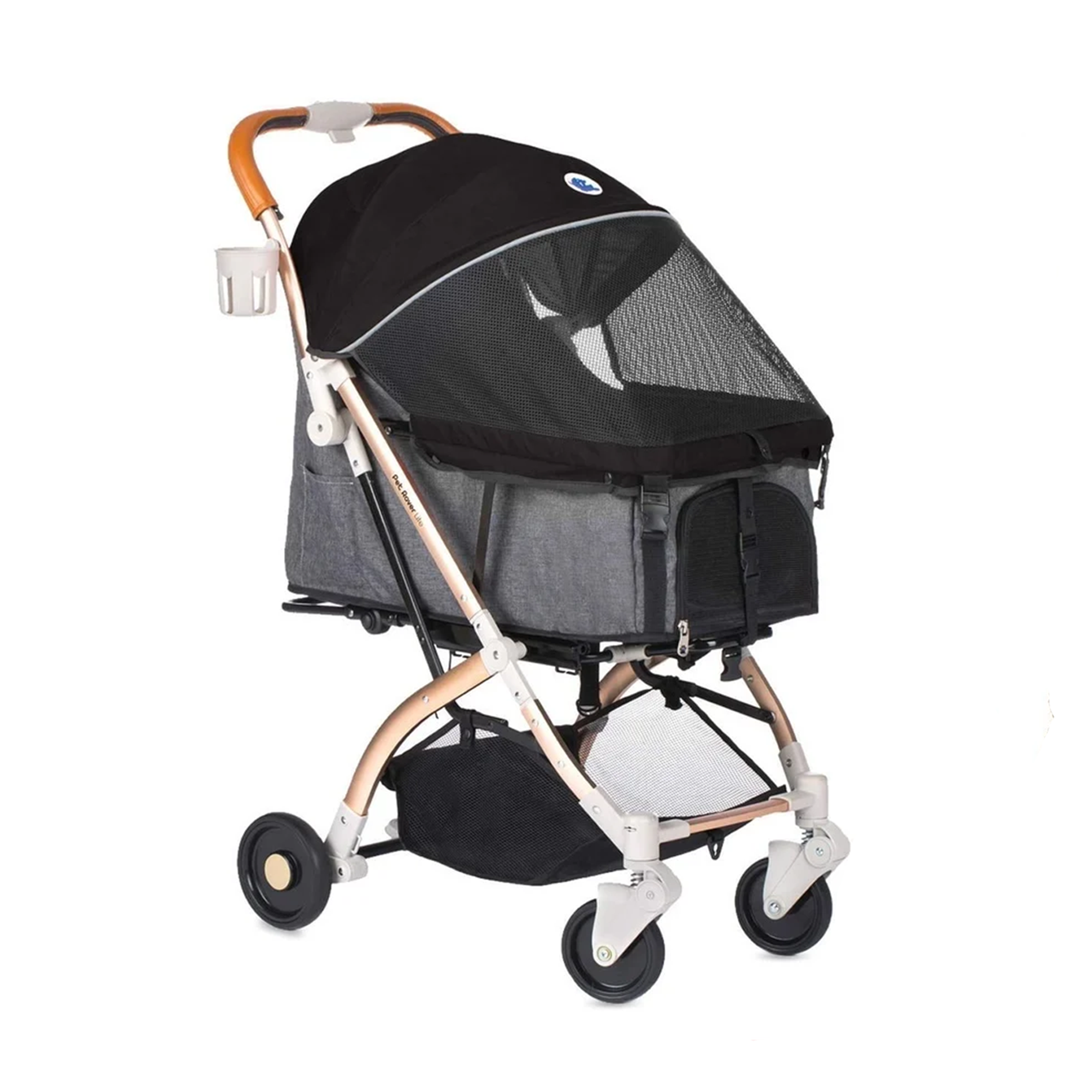 Pet stroller with black canopy and gray interior on a white background