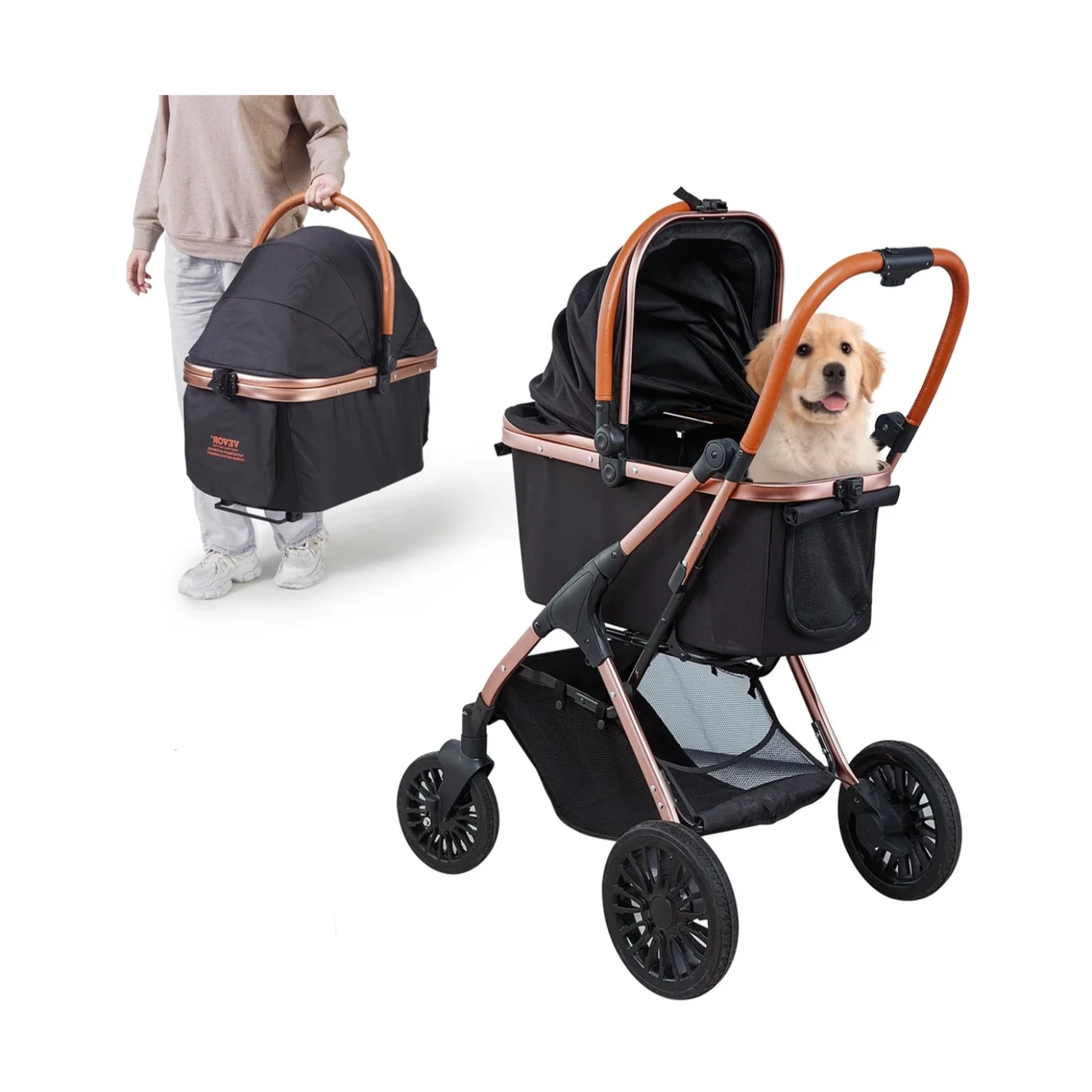 Pet stroller with a dog inside on a white background