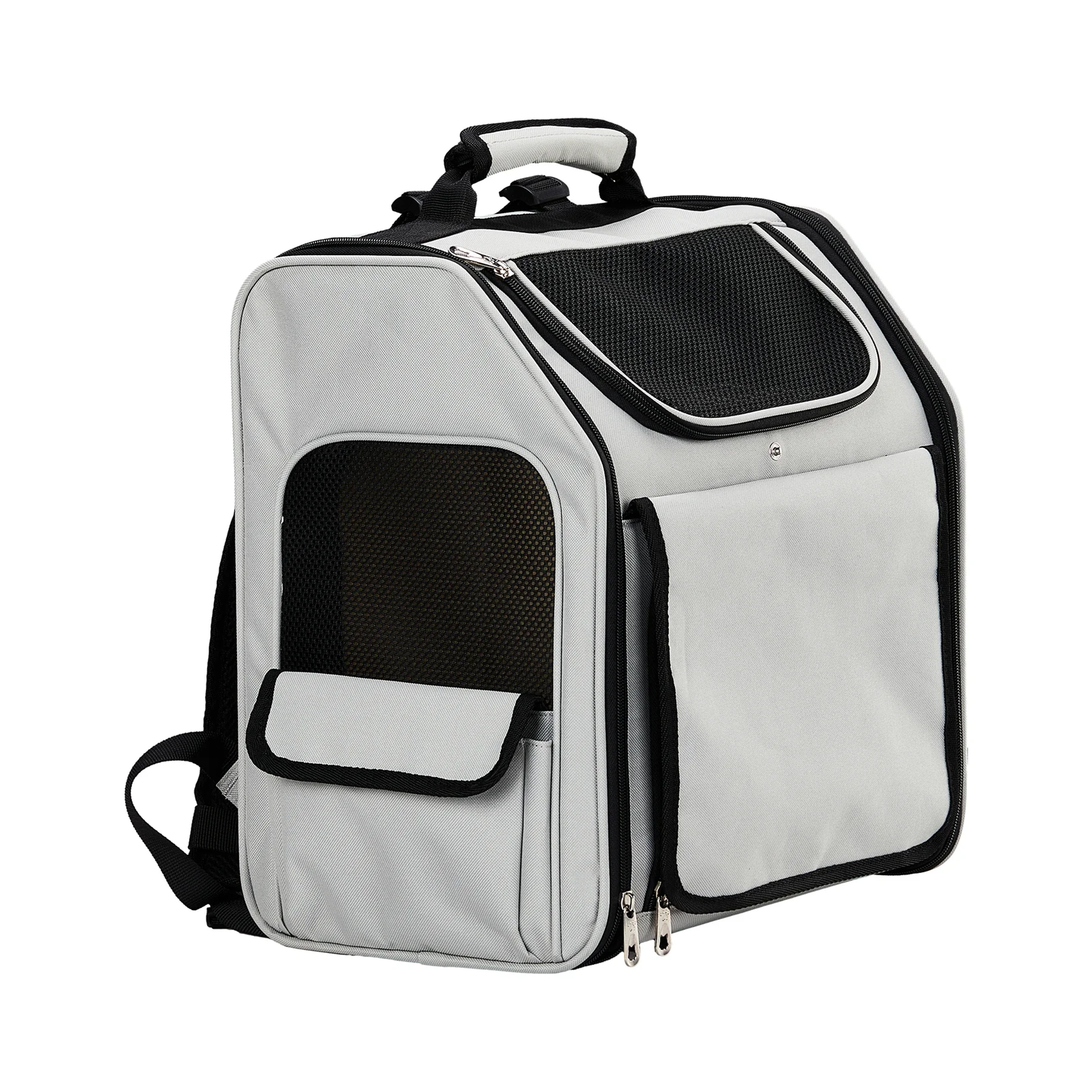 Pet carrier backpack with black and gray design on a white background