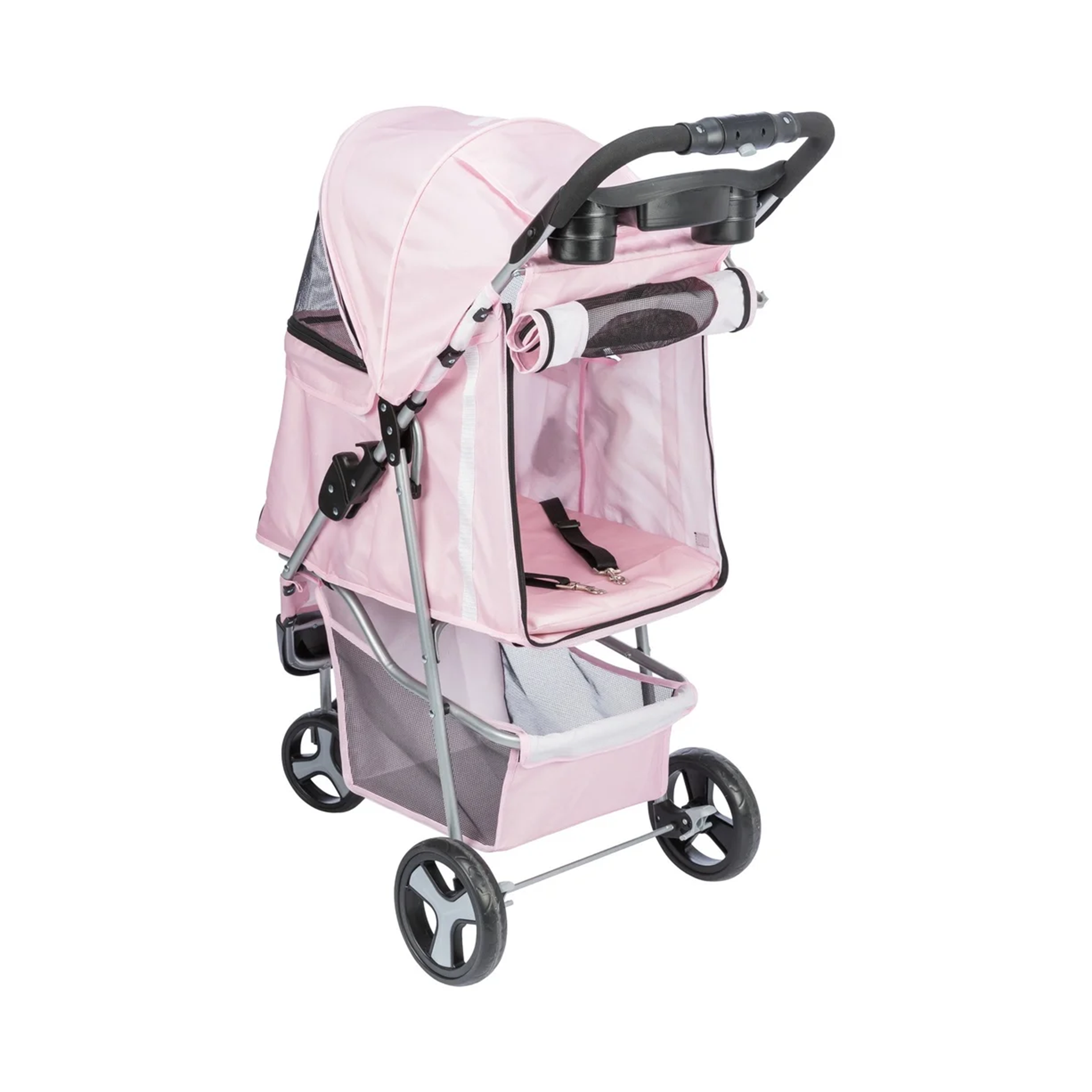 Pink pet stroller with transparent front window on a white background