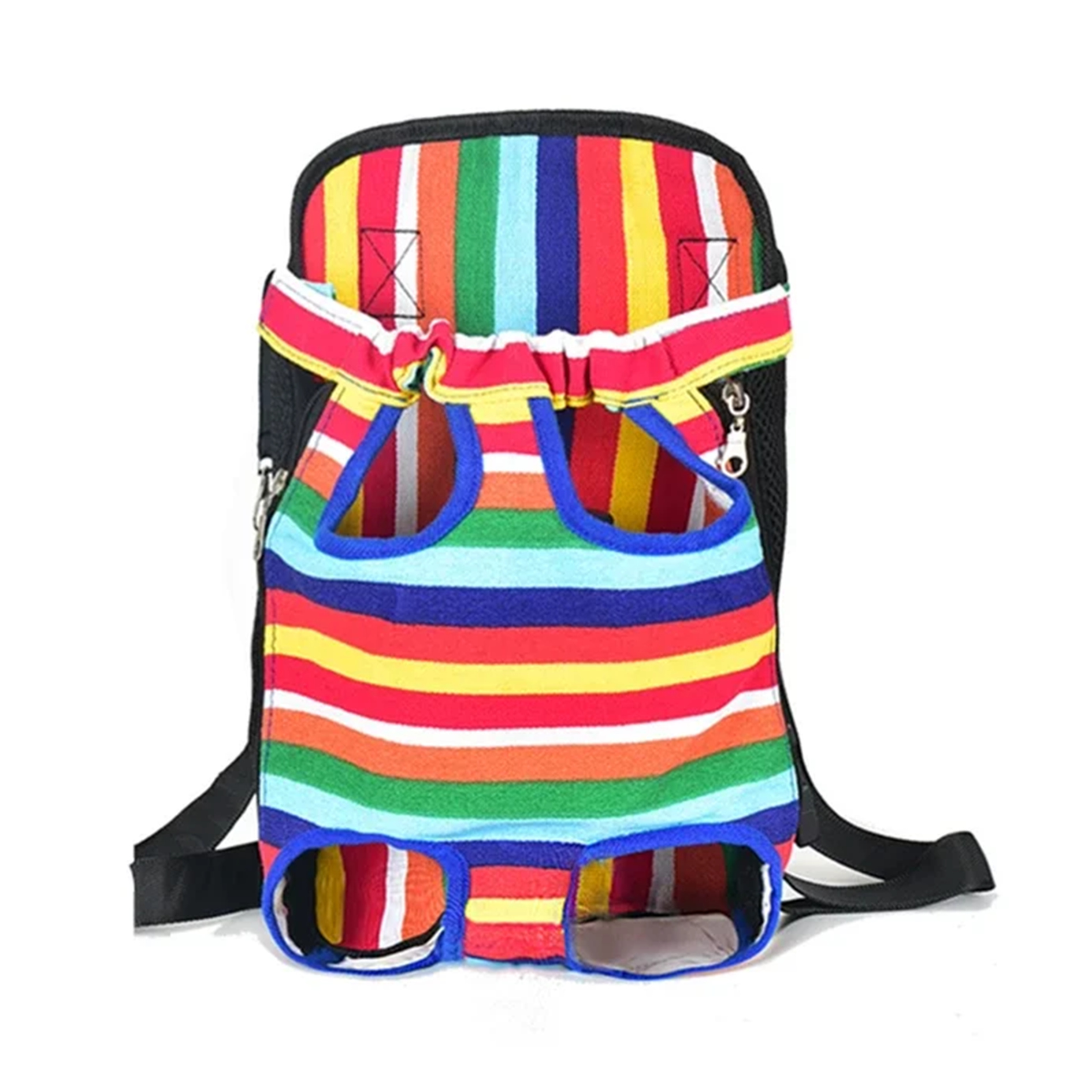 Multi-colored pet carrier backpack on a white background