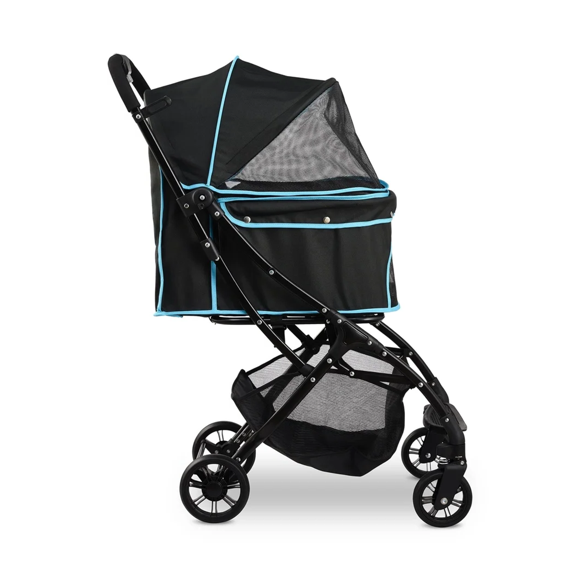 Black pet stroller with blue accents on a white background