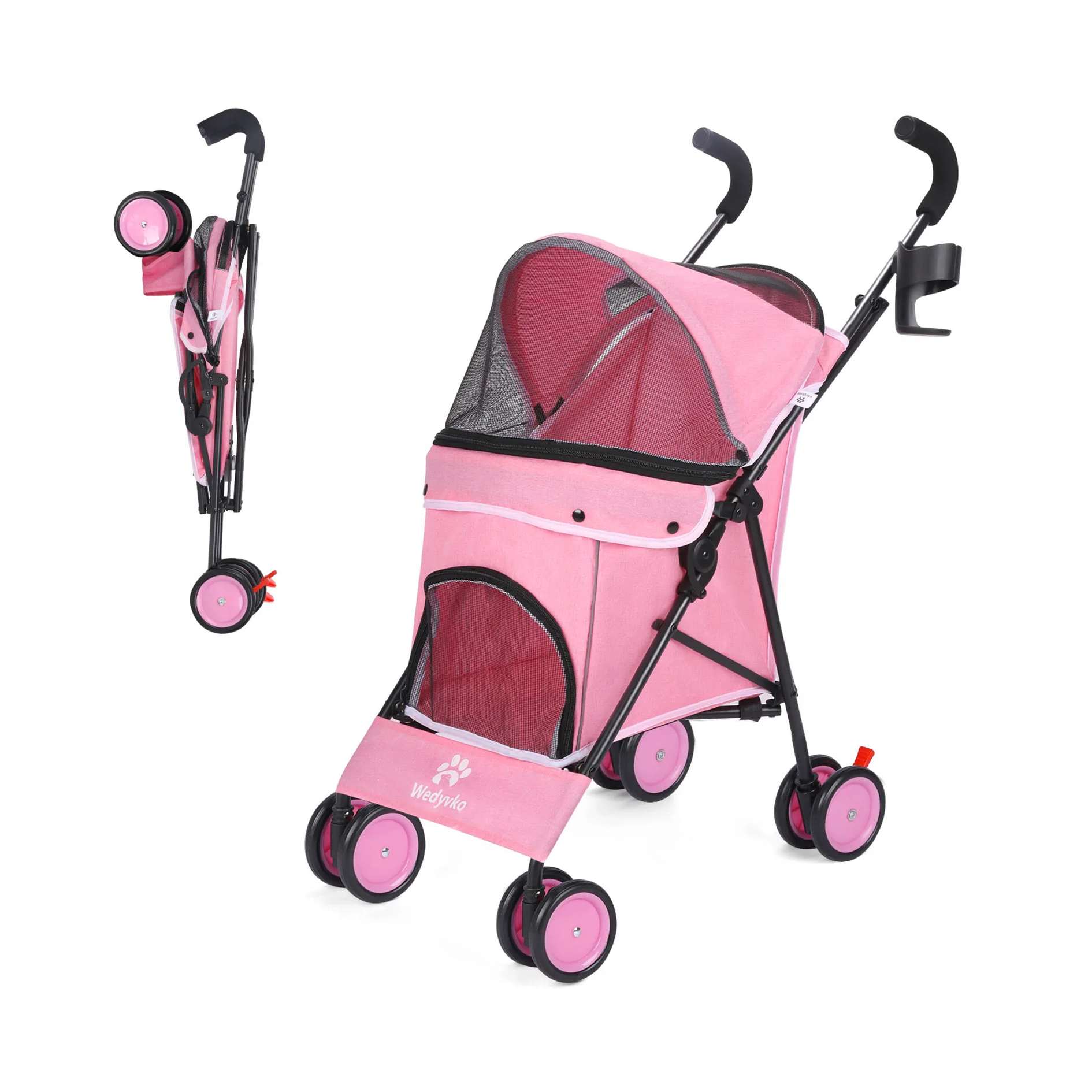 Pink pet stroller with black accents on a white background