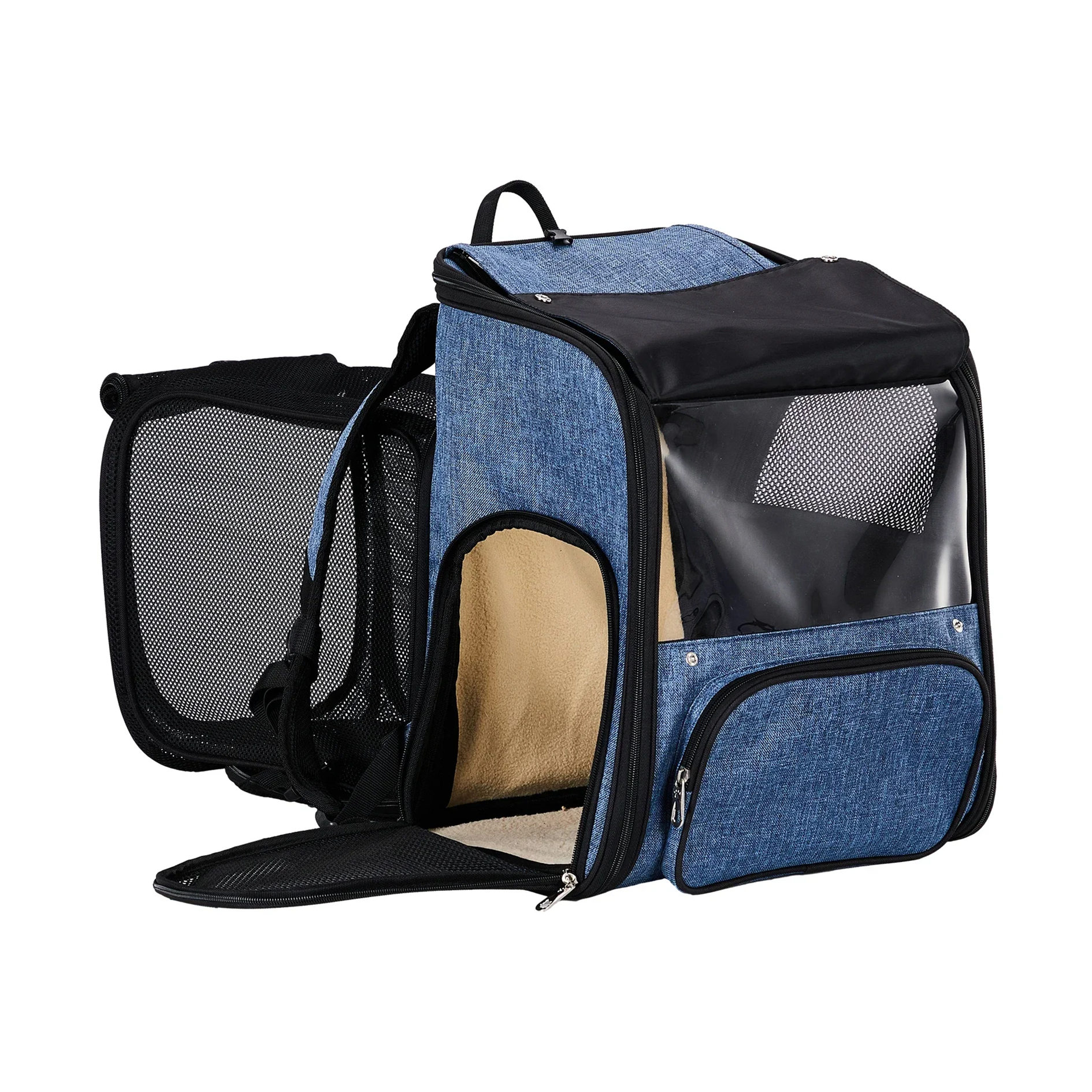 Pet carrier with blue and black design on a white background
