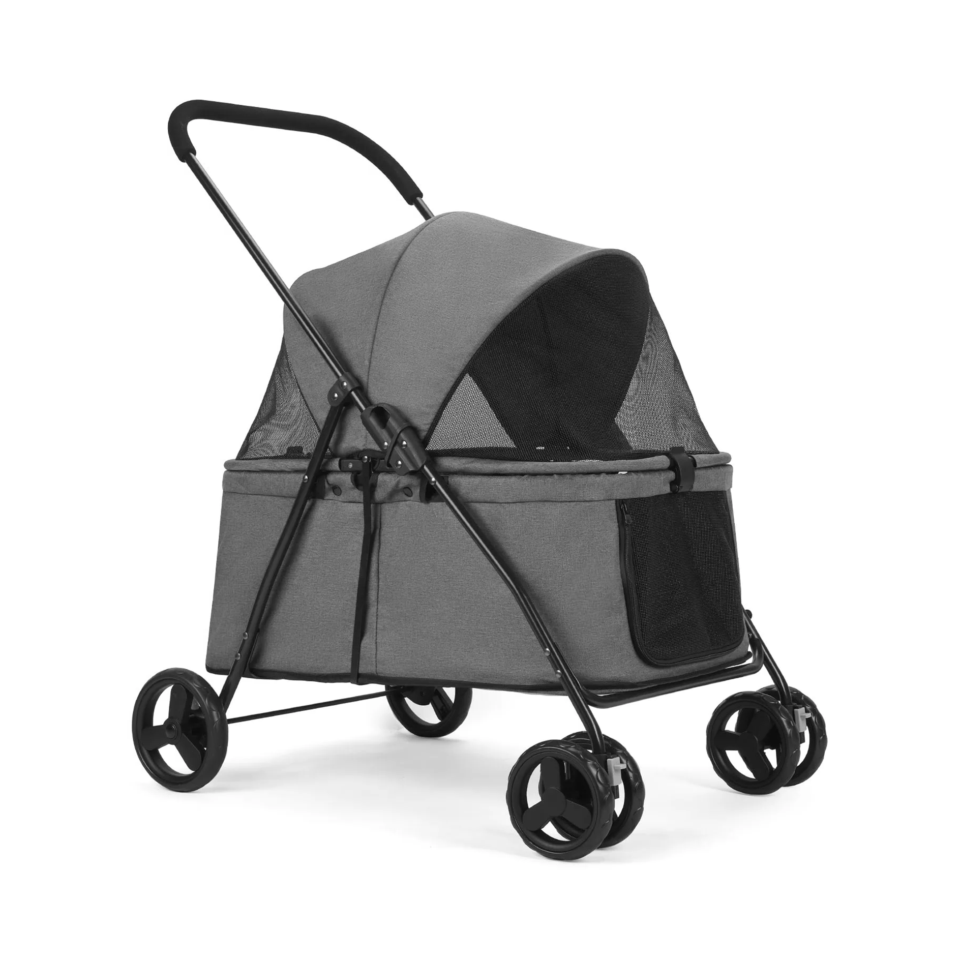 Gray pet stroller on a white background