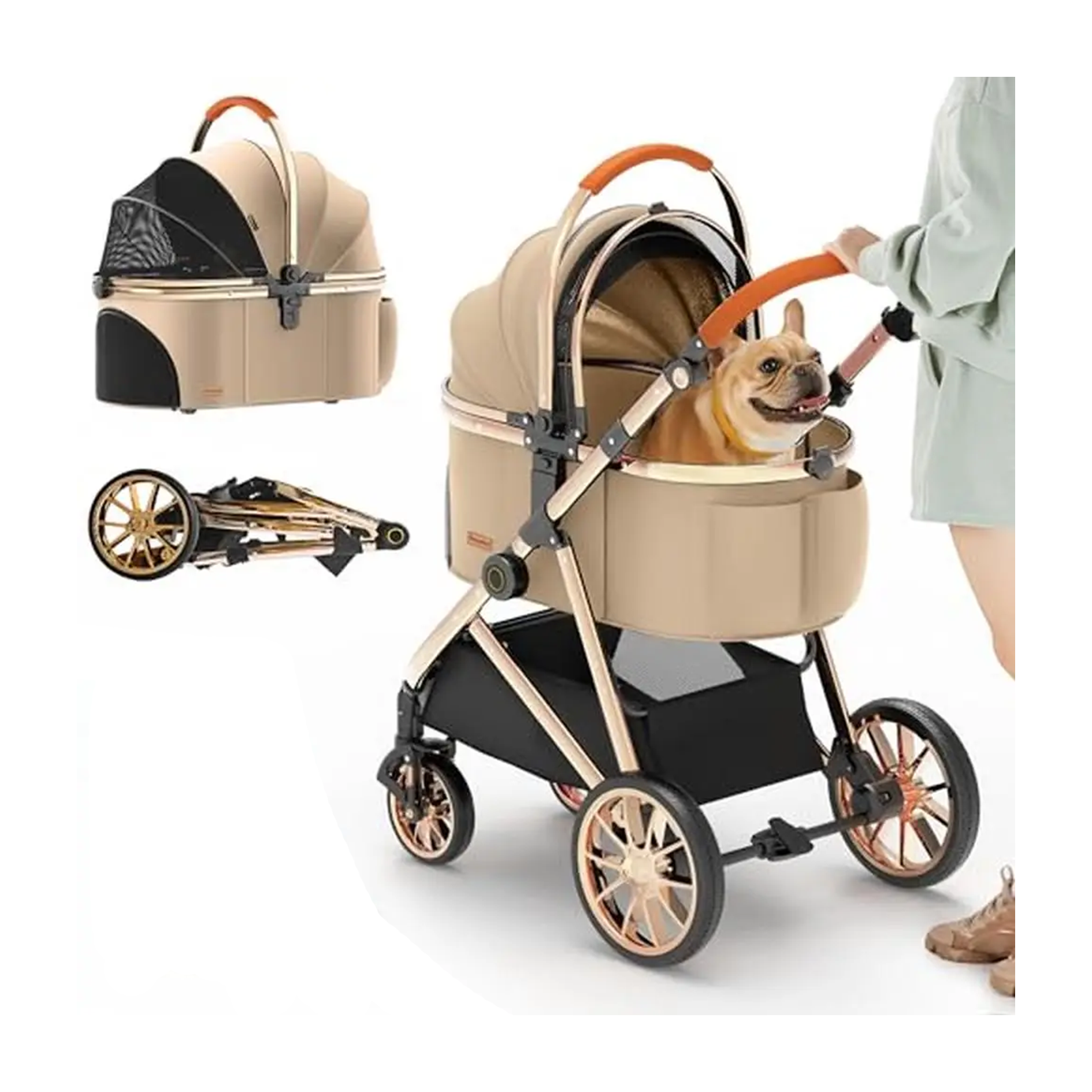 Pet stroller with a dog inside, showing different angles on a white background