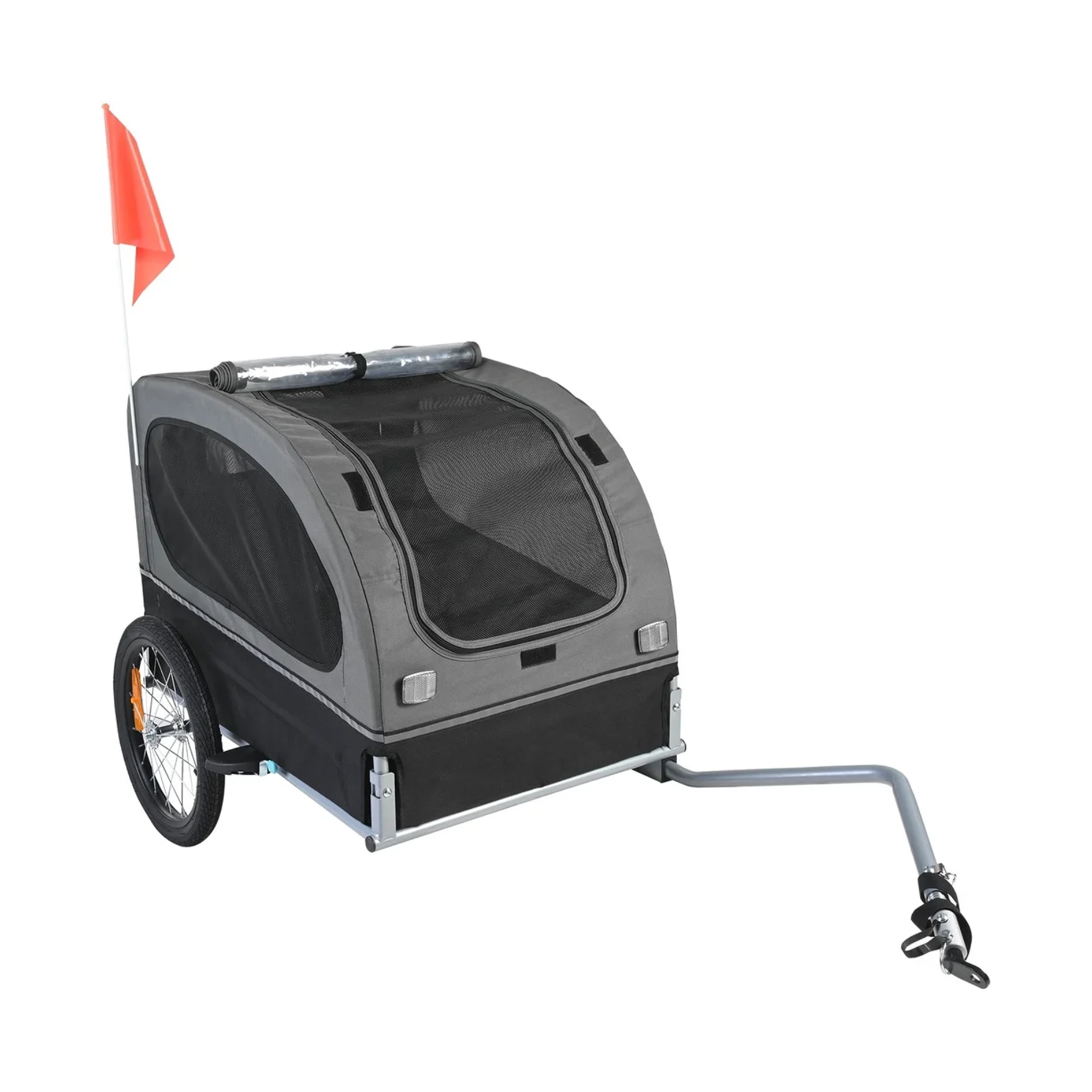 Pet bike trailer with a red flag on a white background