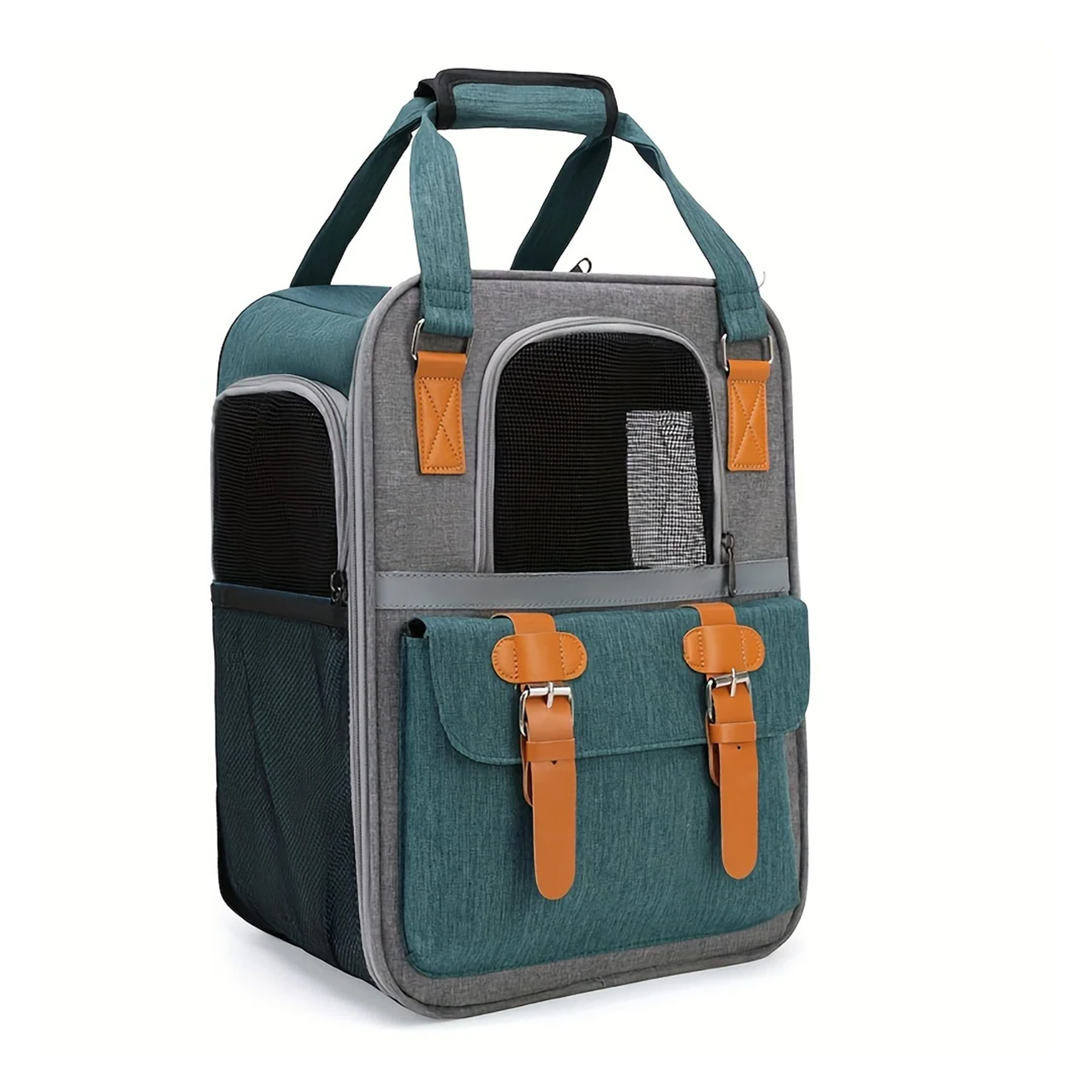 Pet carrier with teal and gray design on a white background