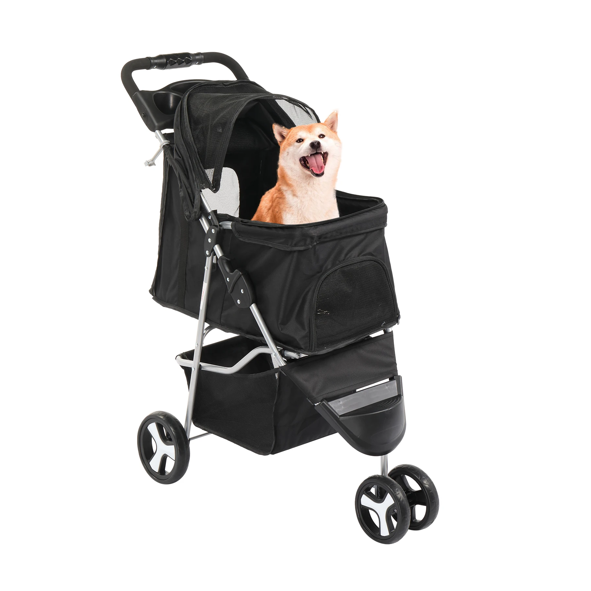 Black pet stroller with a dog inside on a white background