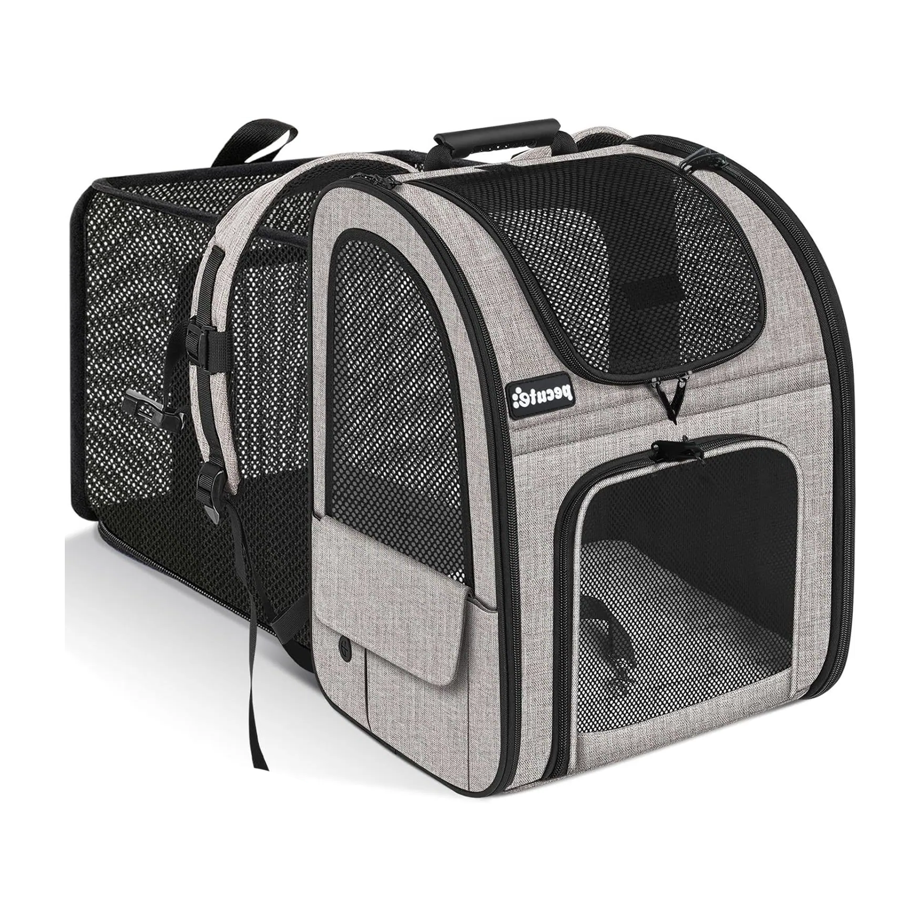Pet carrier with mesh sides and a gray exterior on a white background