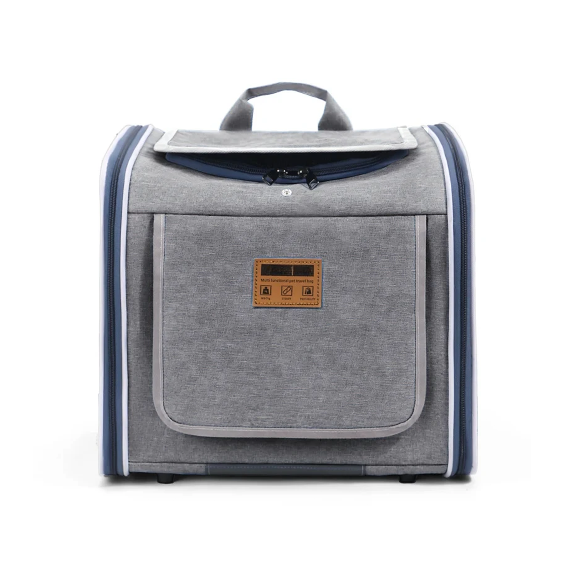 Gray pet carrier with gray accents on a white background