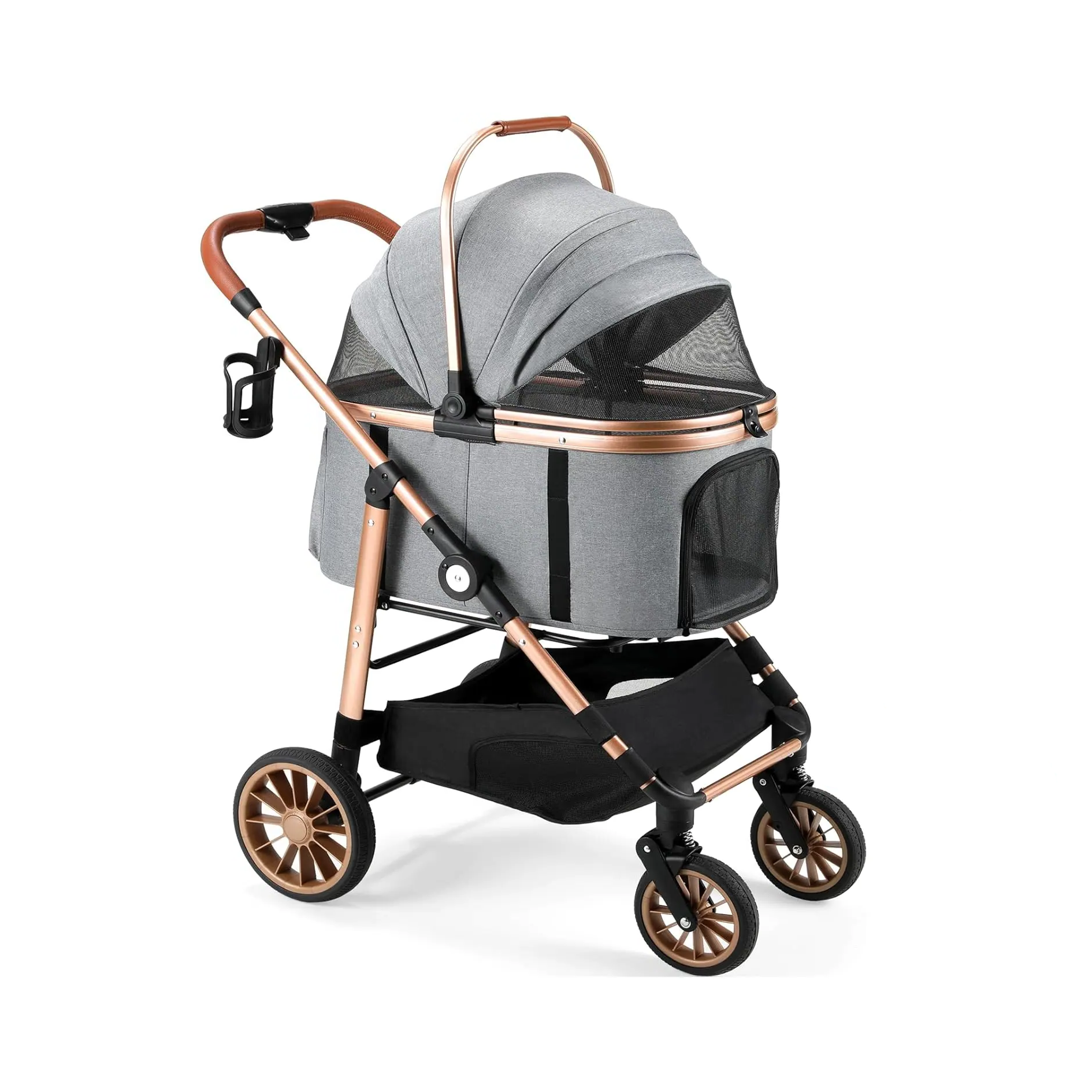 Gray pet stroller with rose gold accents on a white background