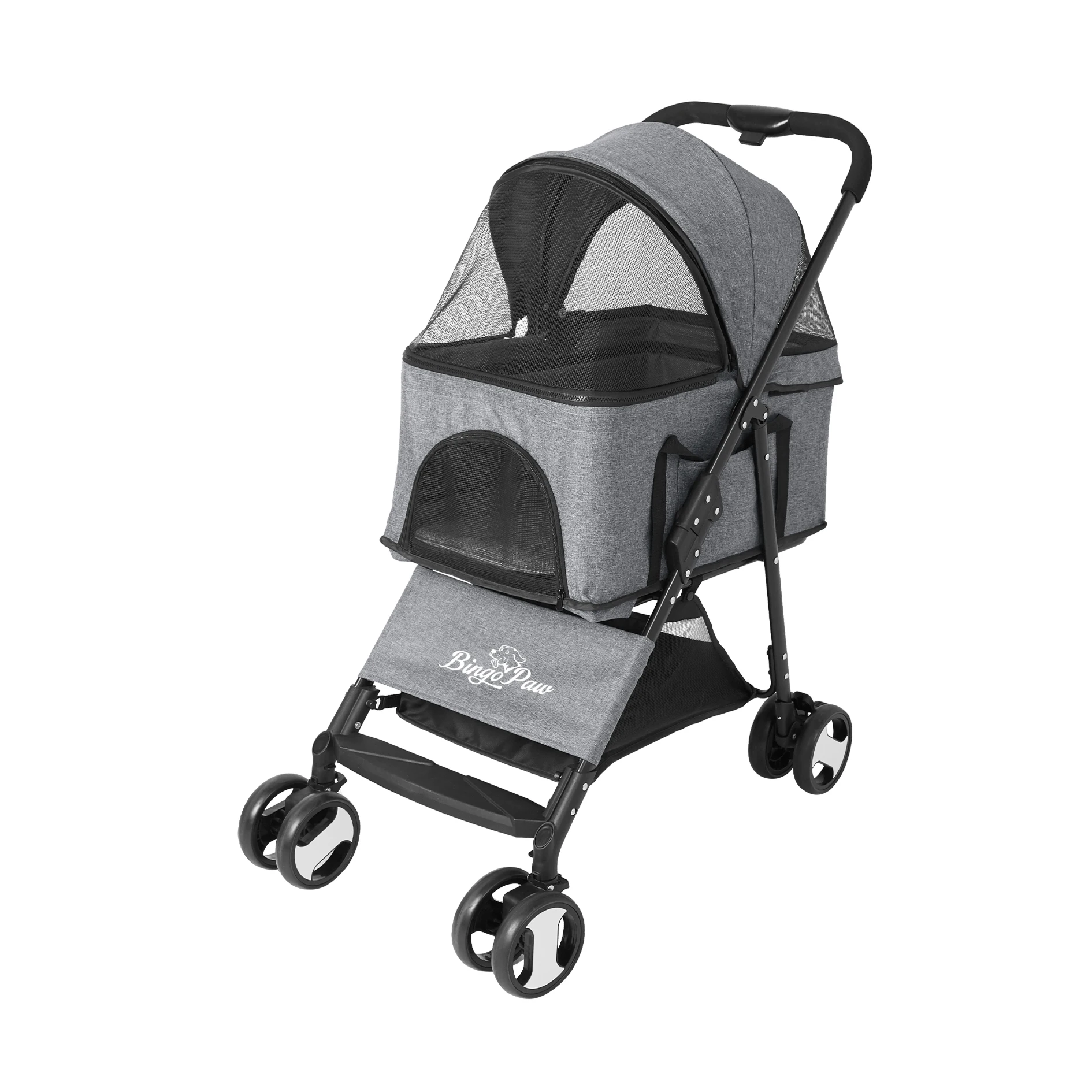 Gray pet stroller with canopy on a white background