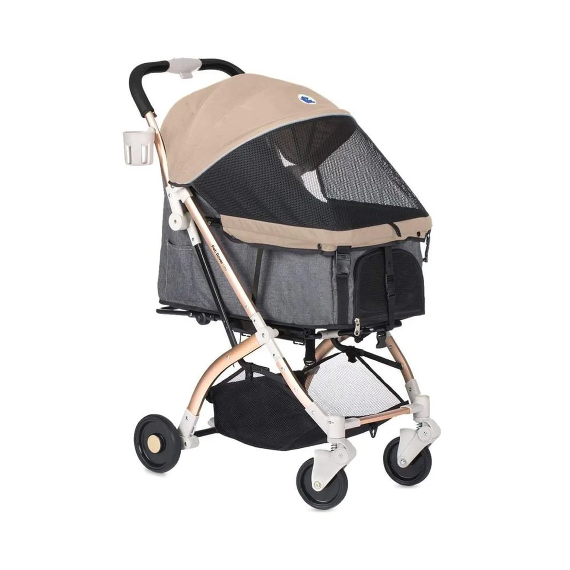 Pet stroller with beige canopy and black mesh door on a white background