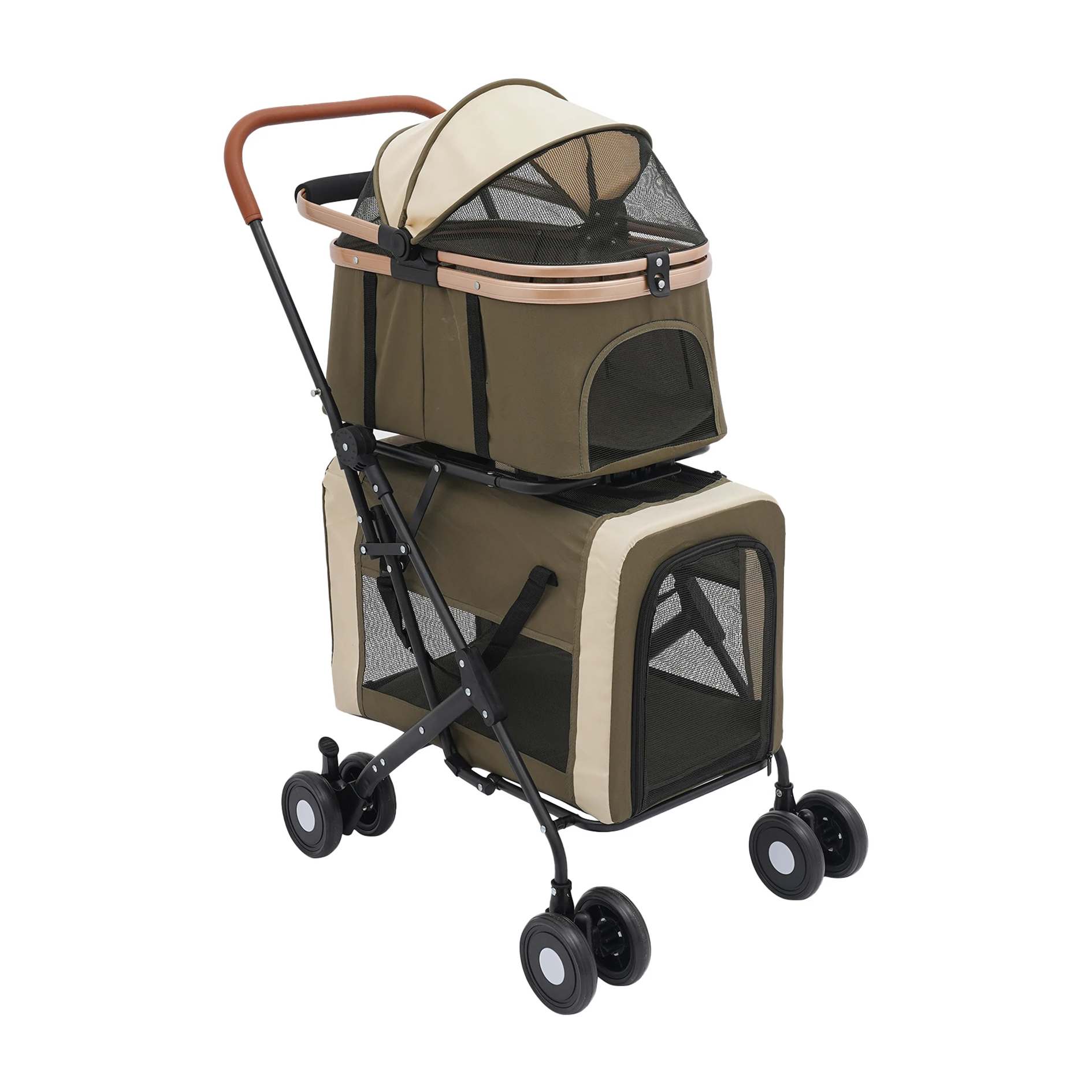 Pet stroller with beige and brown design on a white background