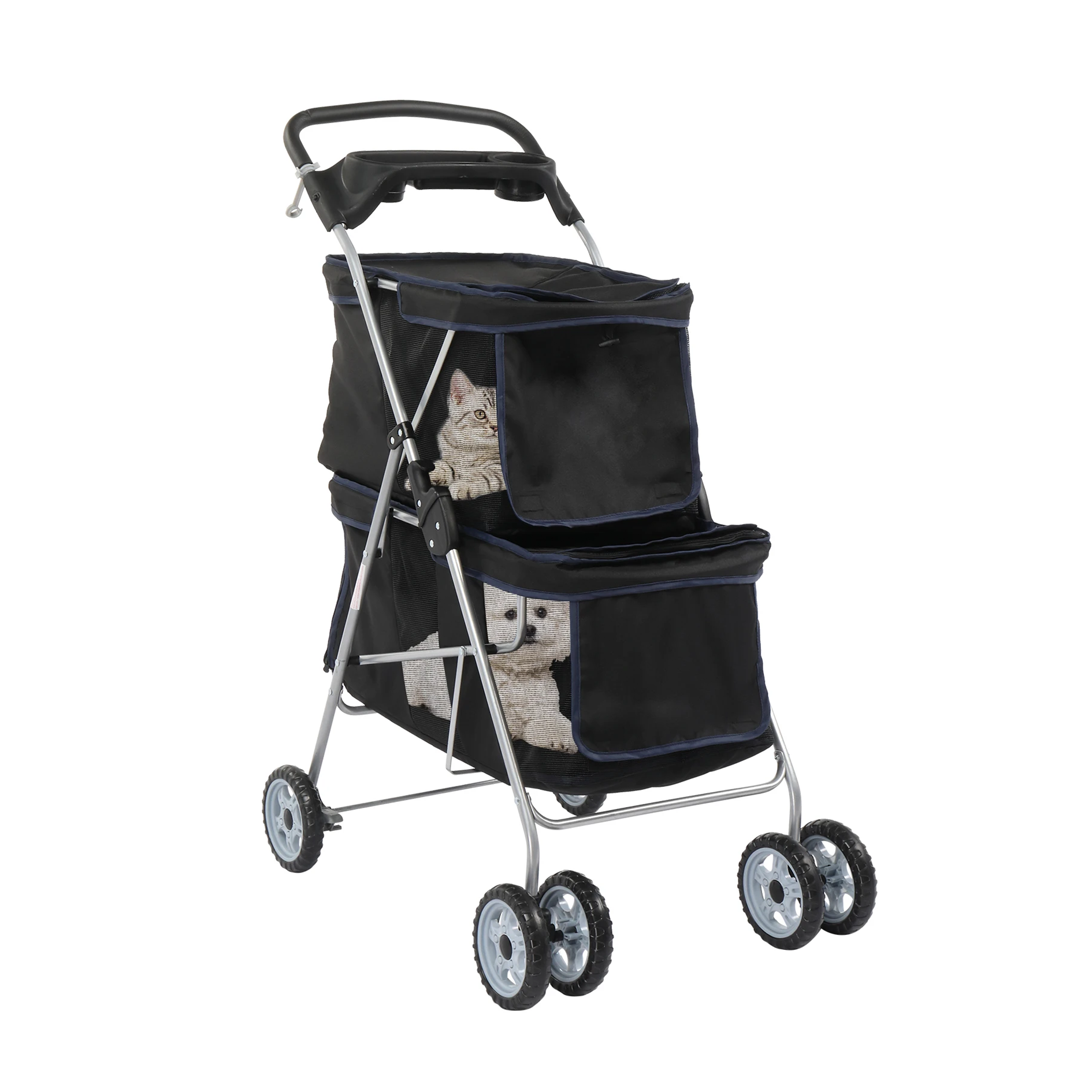 Black pet stroller with a cat design on a white background