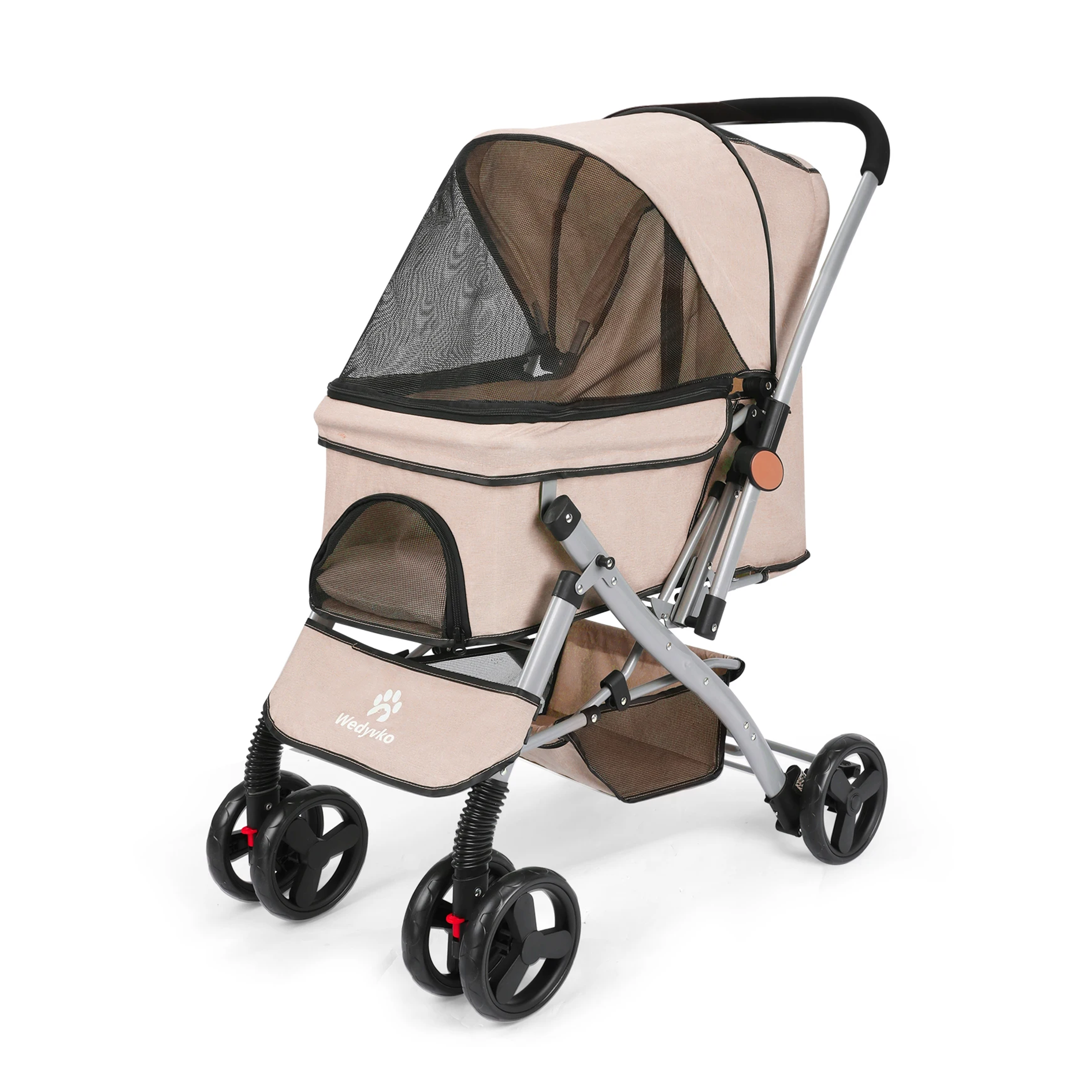 Pet stroller with beige canopy and black wheels on a white background