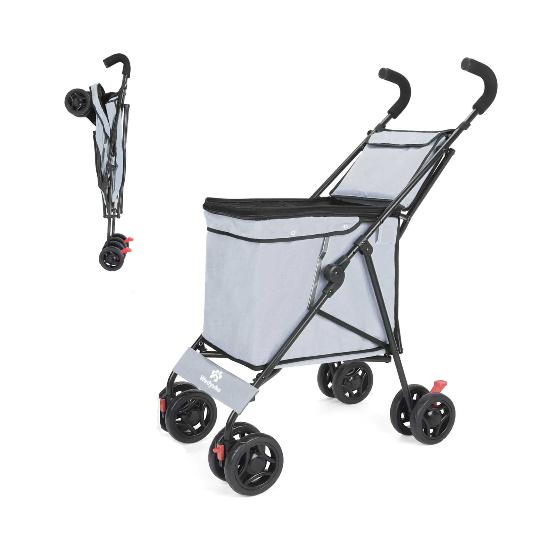 Gray and black stroller with folded umbrella on a white background