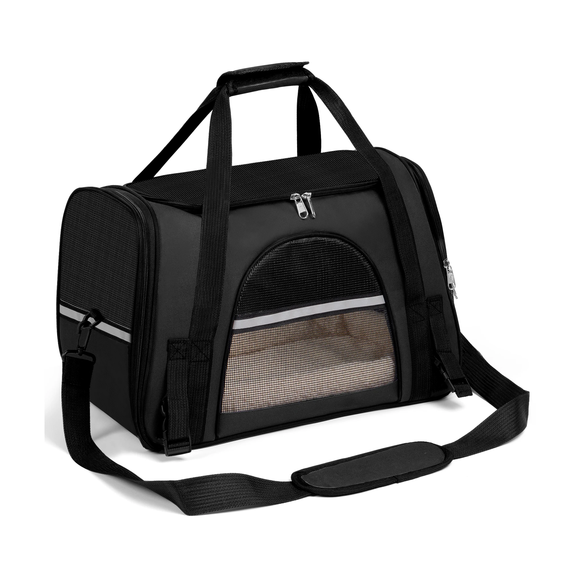 Pet carrier with black design on a white background
