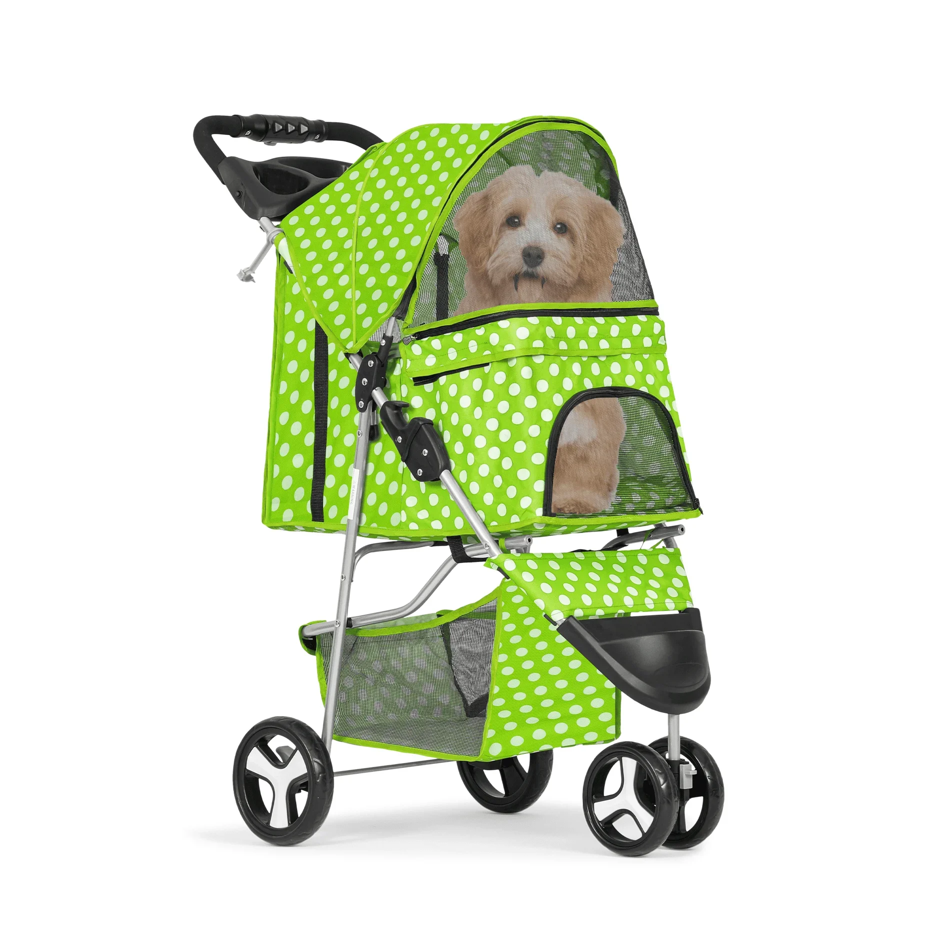 Green polka dot pet stroller with a dog inside on a white background