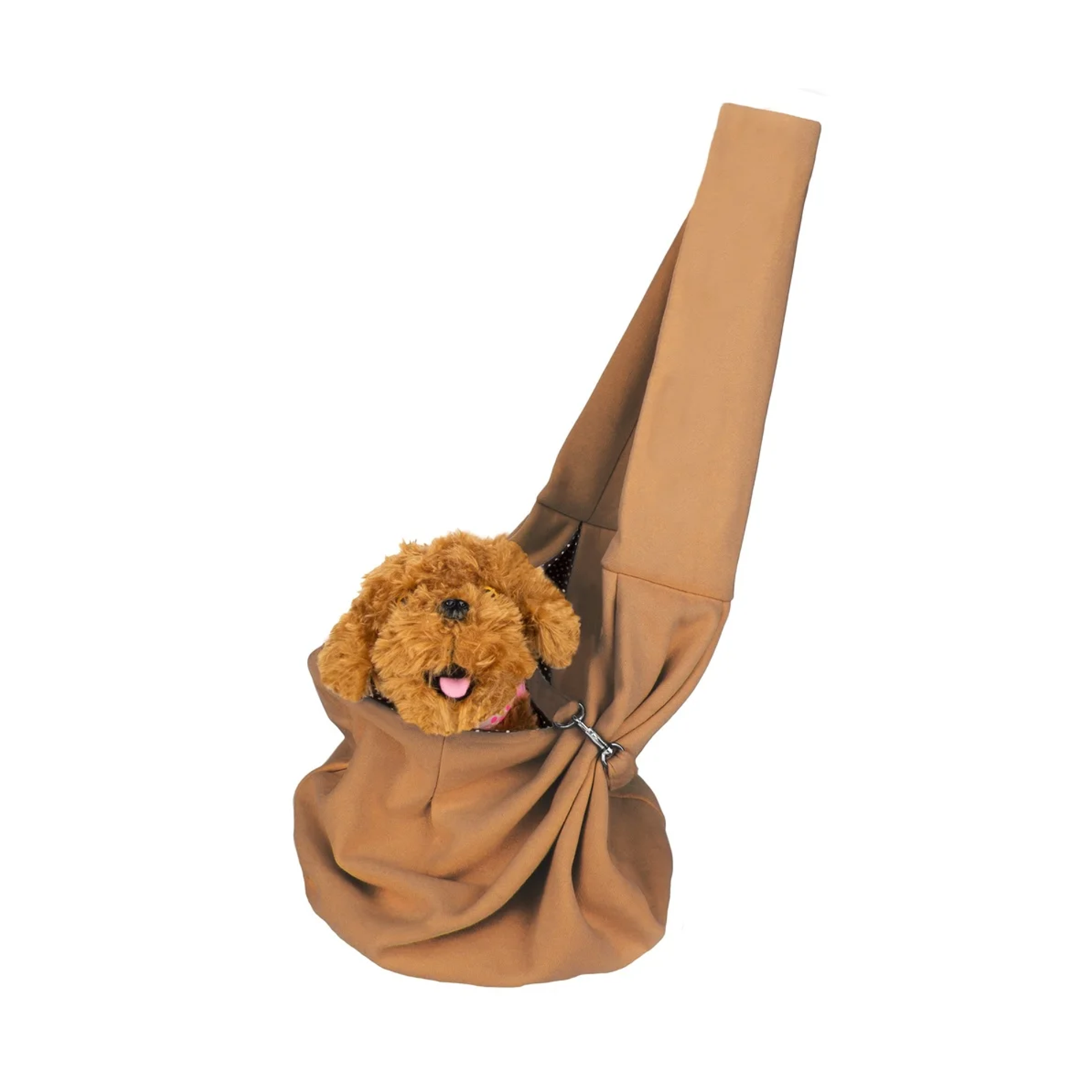 Brown pet sling with a small dog inside on a white background