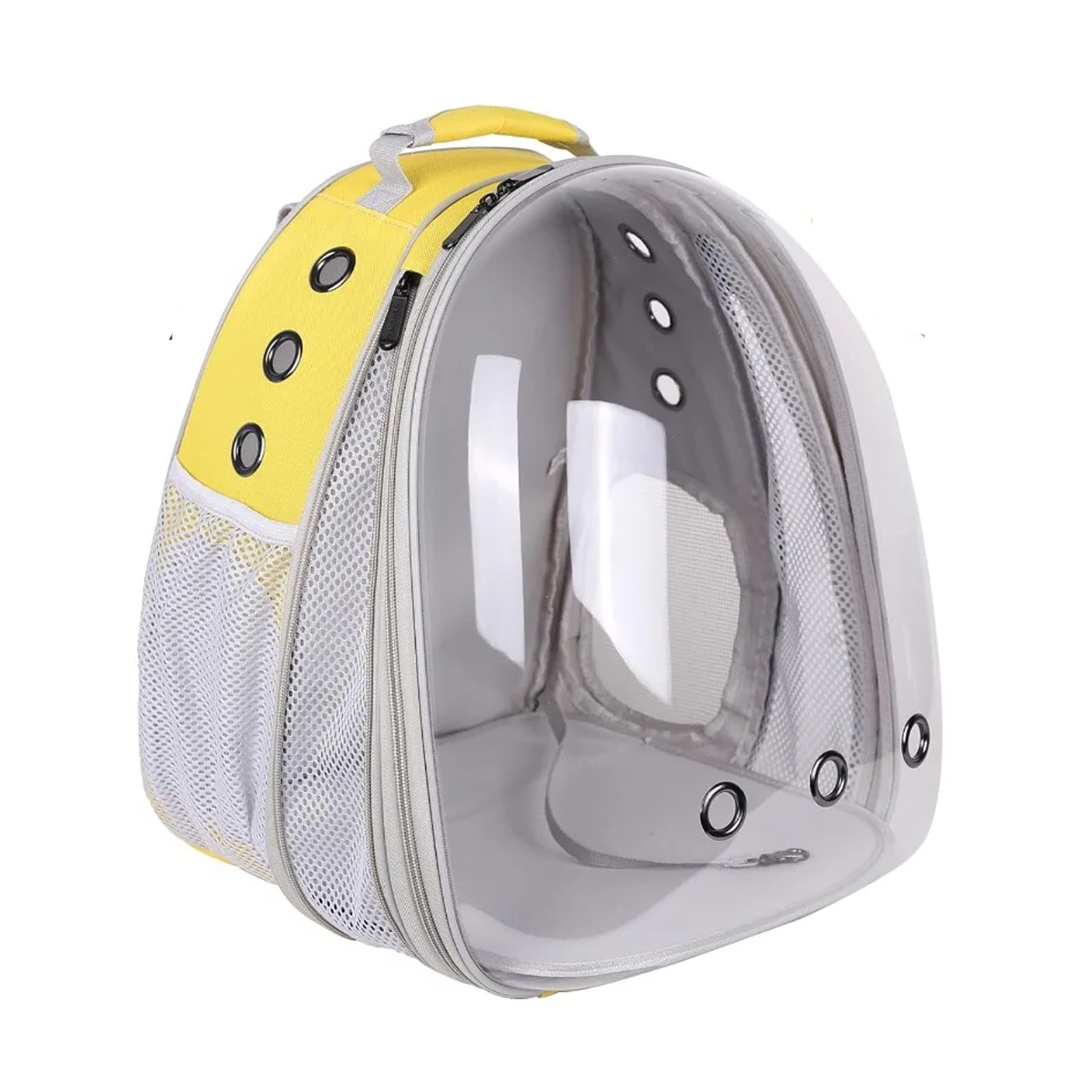Clear pet carrier with yellow accents on a white background