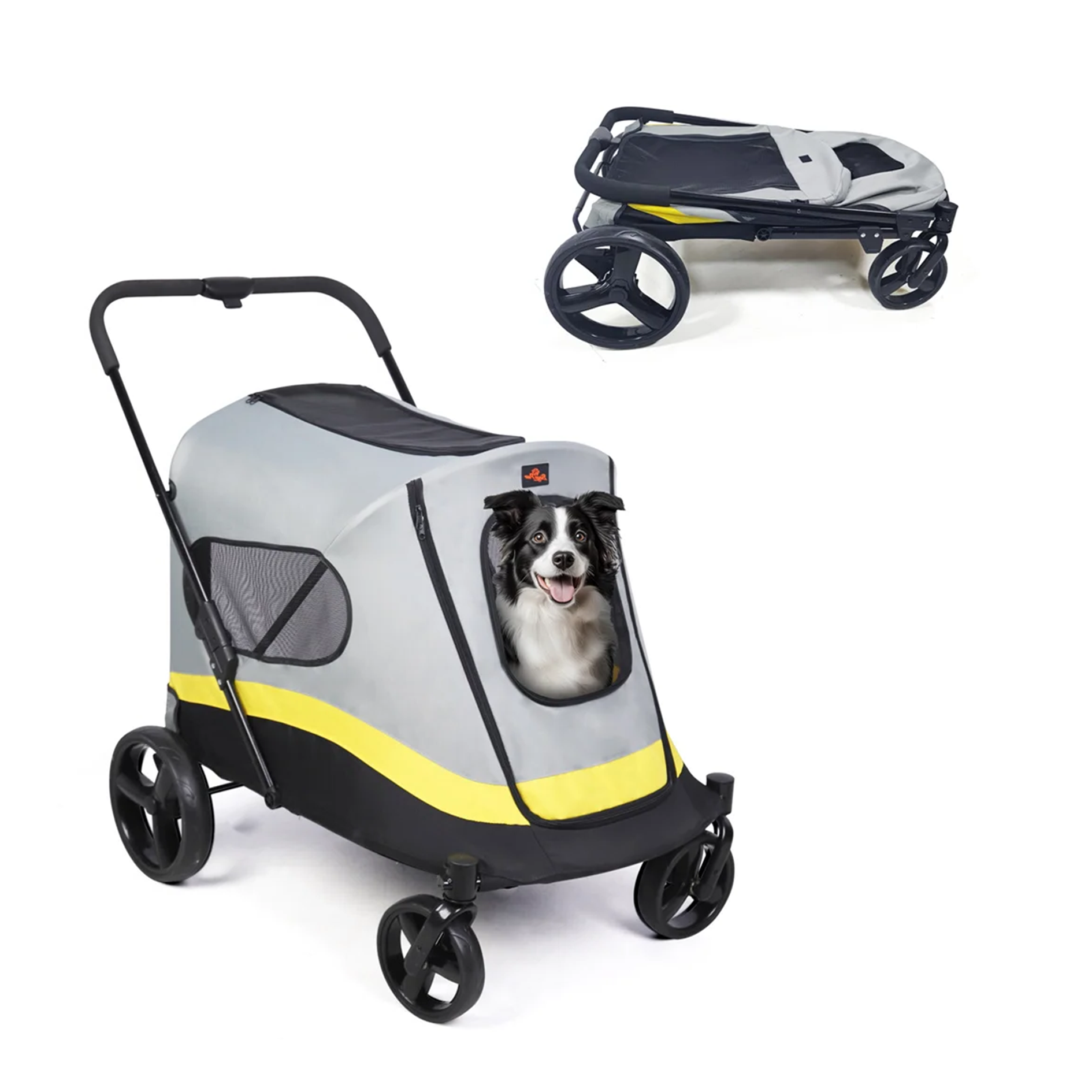 Pet stroller with a dog inside on a white background