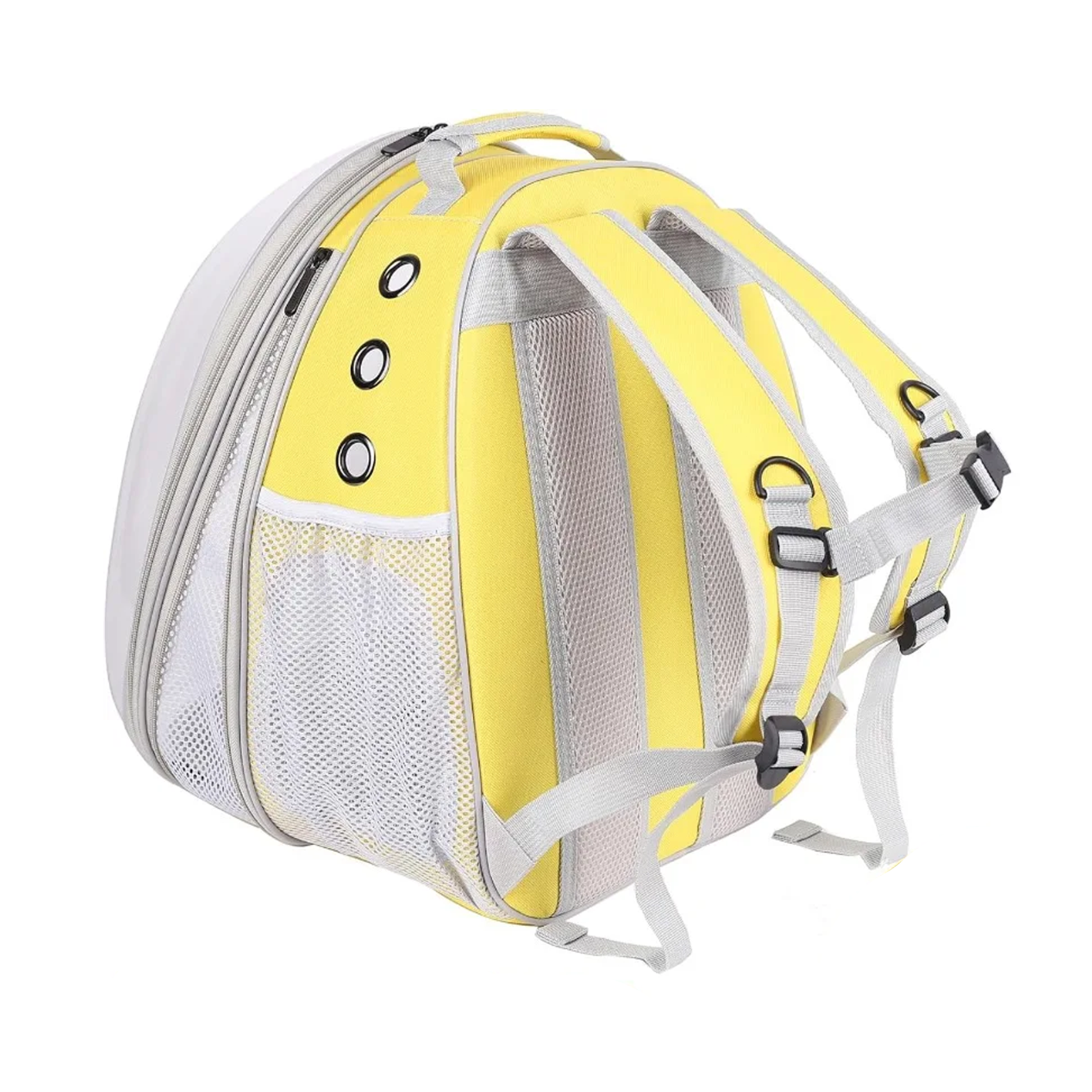 Clear pet carrier with yellow accents on a white background