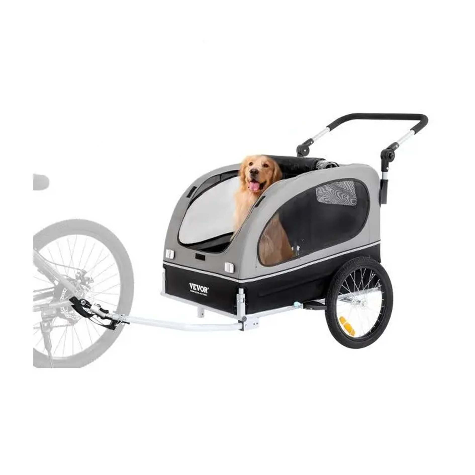 Dog in a bicycle trailer with visible brand logo on a white background