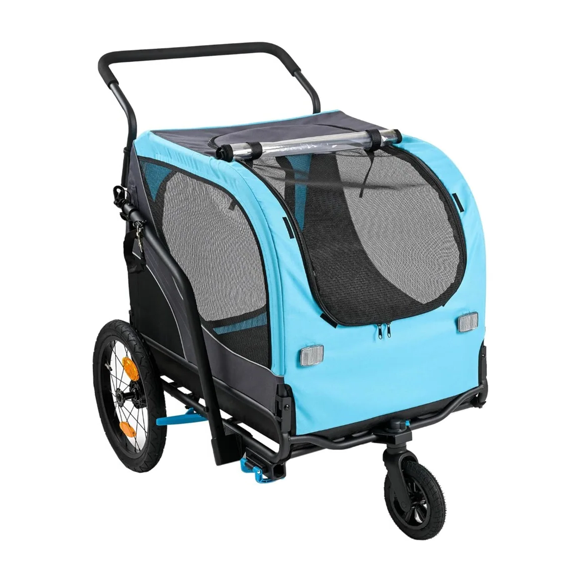 Blue pet stroller with black wheels and handle on a white background