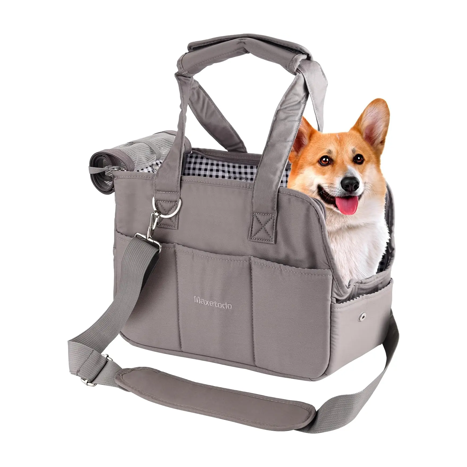 Dog carrier with a dog inside on a white background