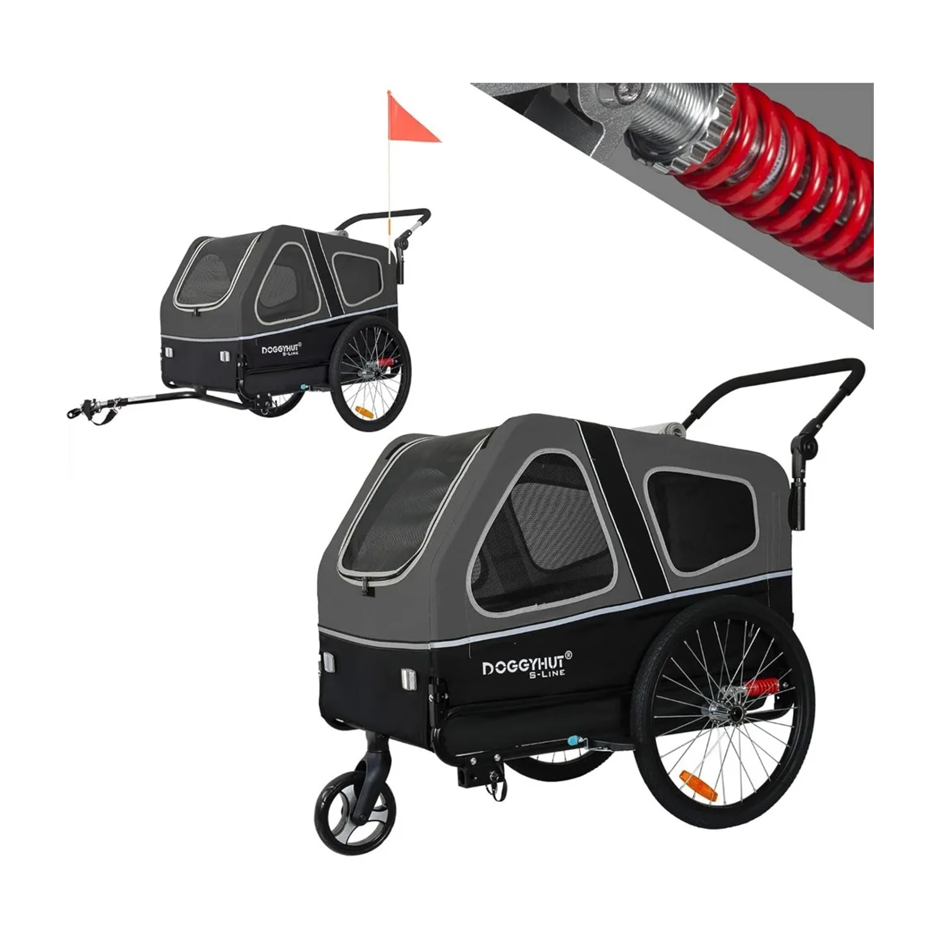 Doggy Hut bike trailer with a close-up of a spring and red flag on a white background