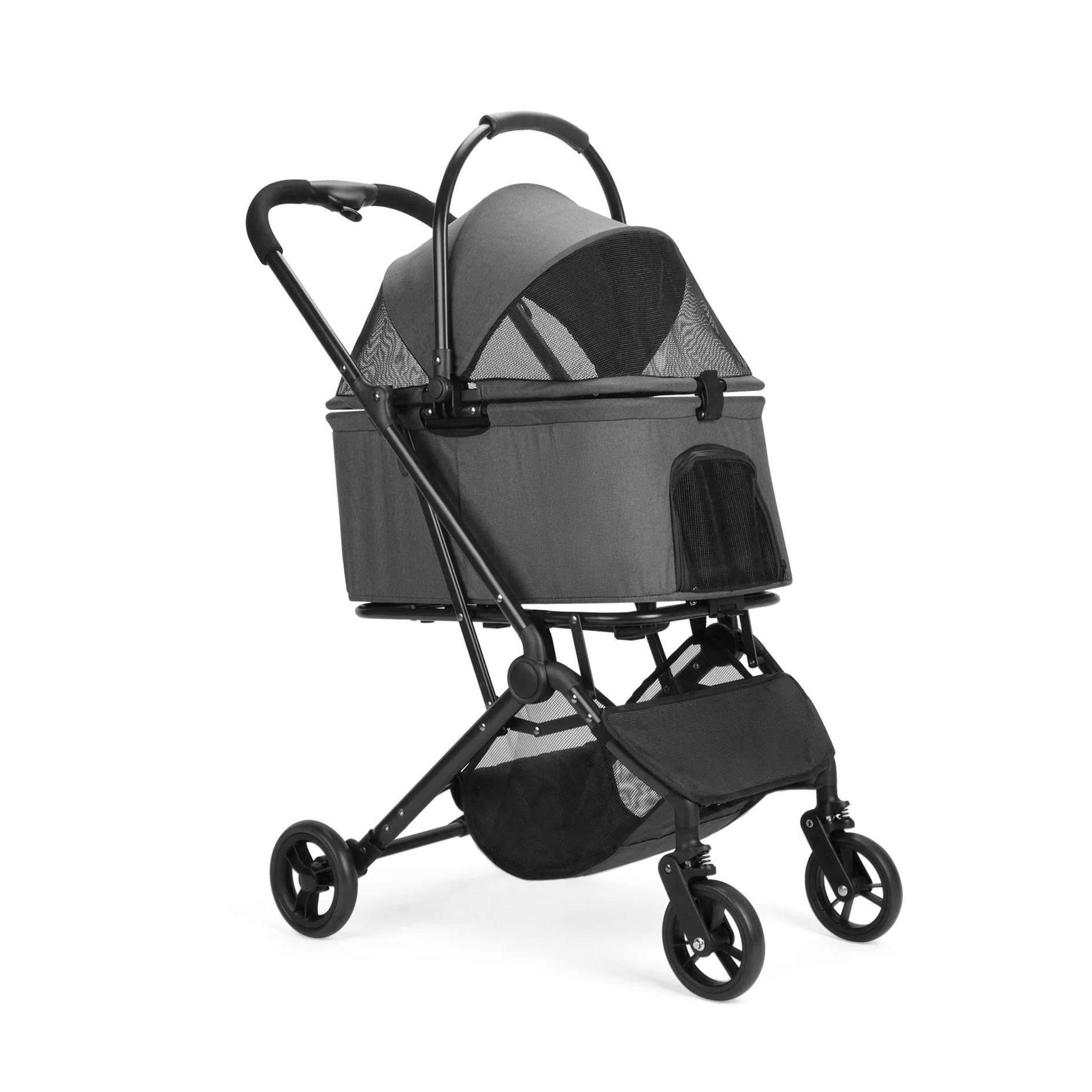 Black pet stroller on a white background