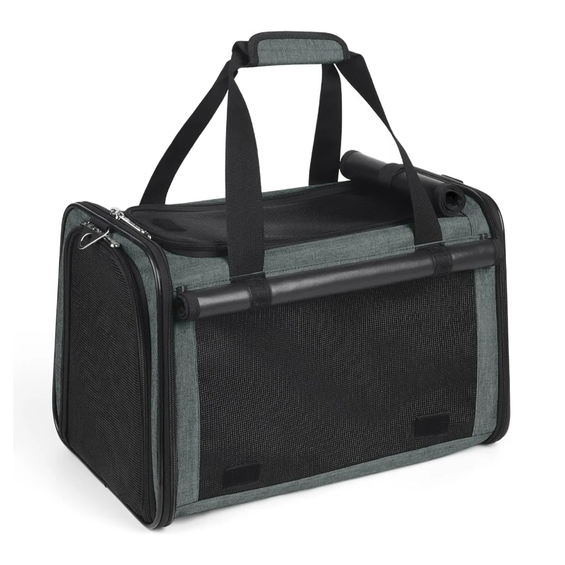 Pet carrier with black mesh sides and gray exterior on a white background