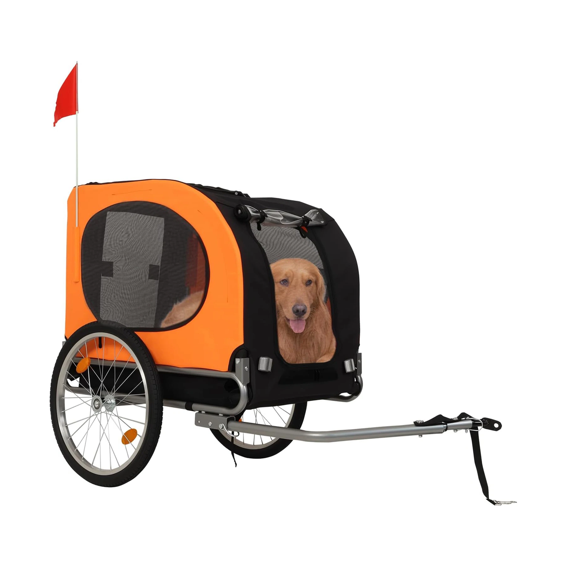 Pet bike trailer with a dog inside on a white background