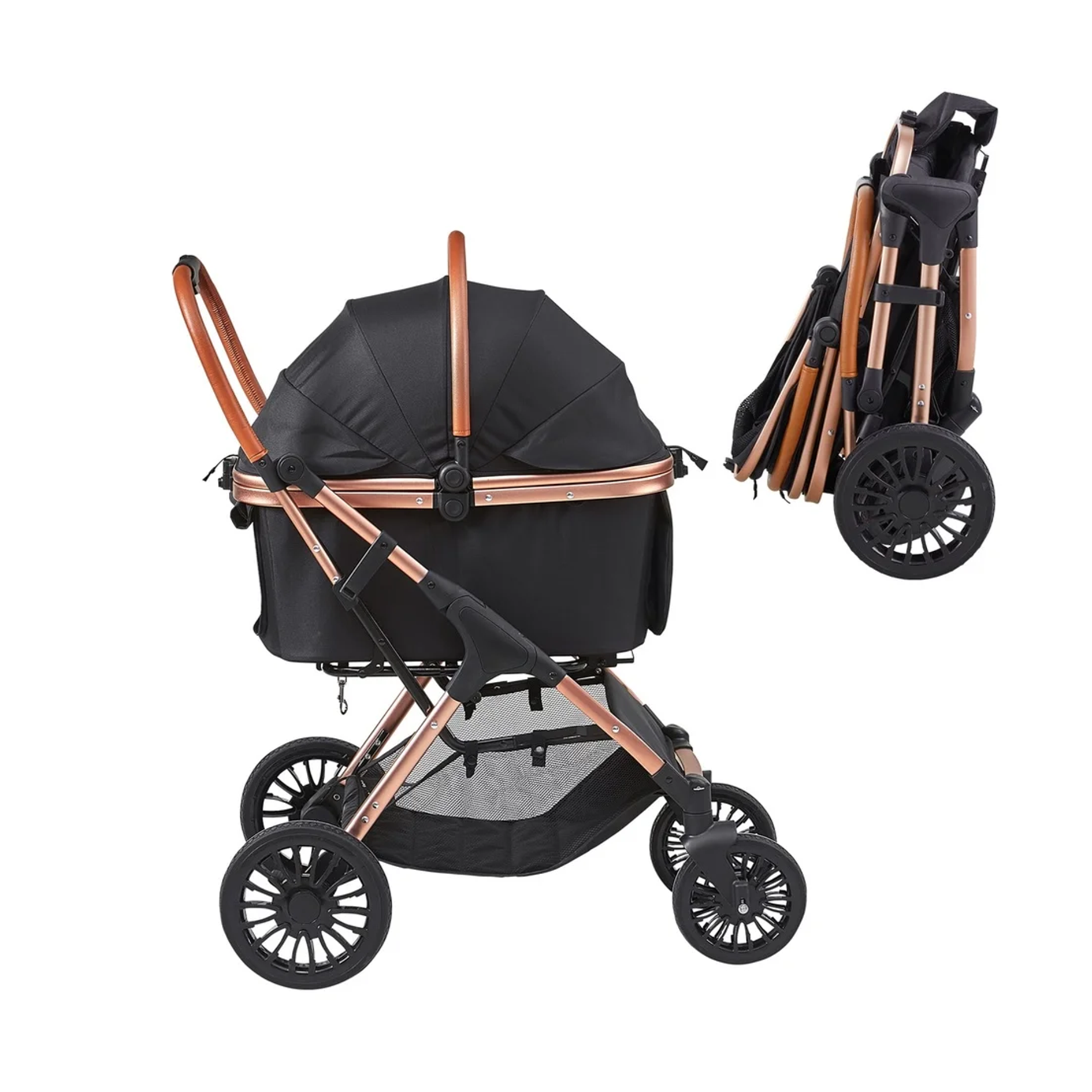 Black and rose gold baby stroller with folded version on a white background