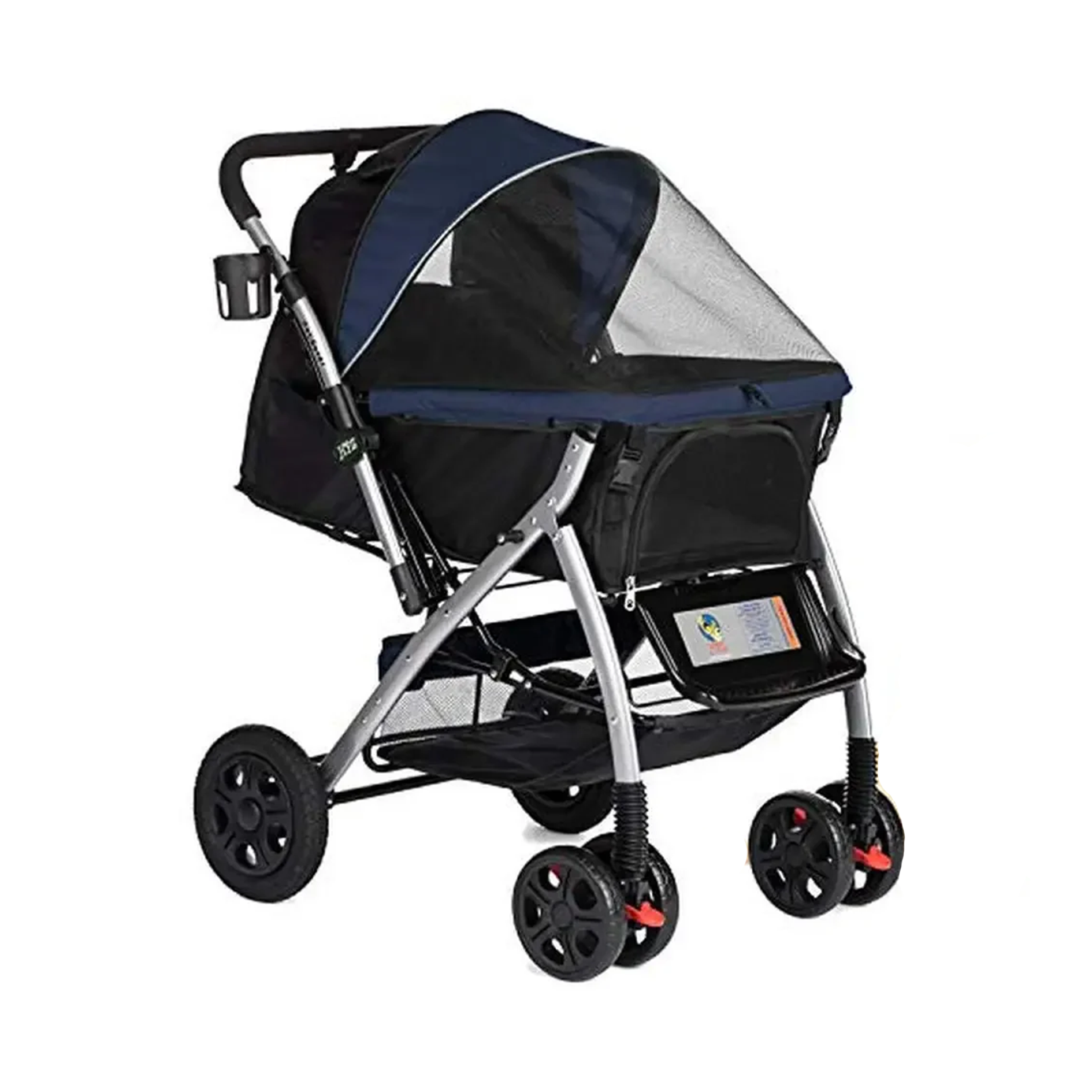 Pet stroller with navy cover and black base on a white background