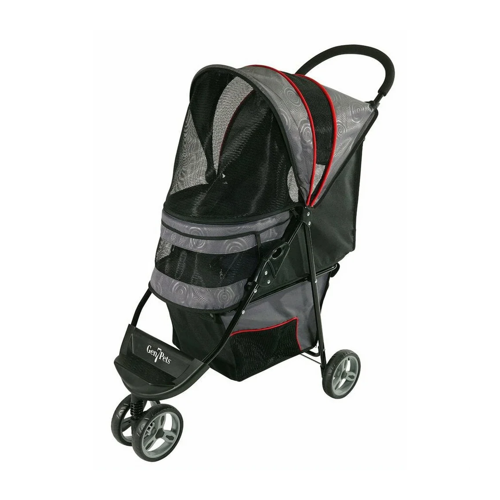 Pet stroller with gray and black design on a white background