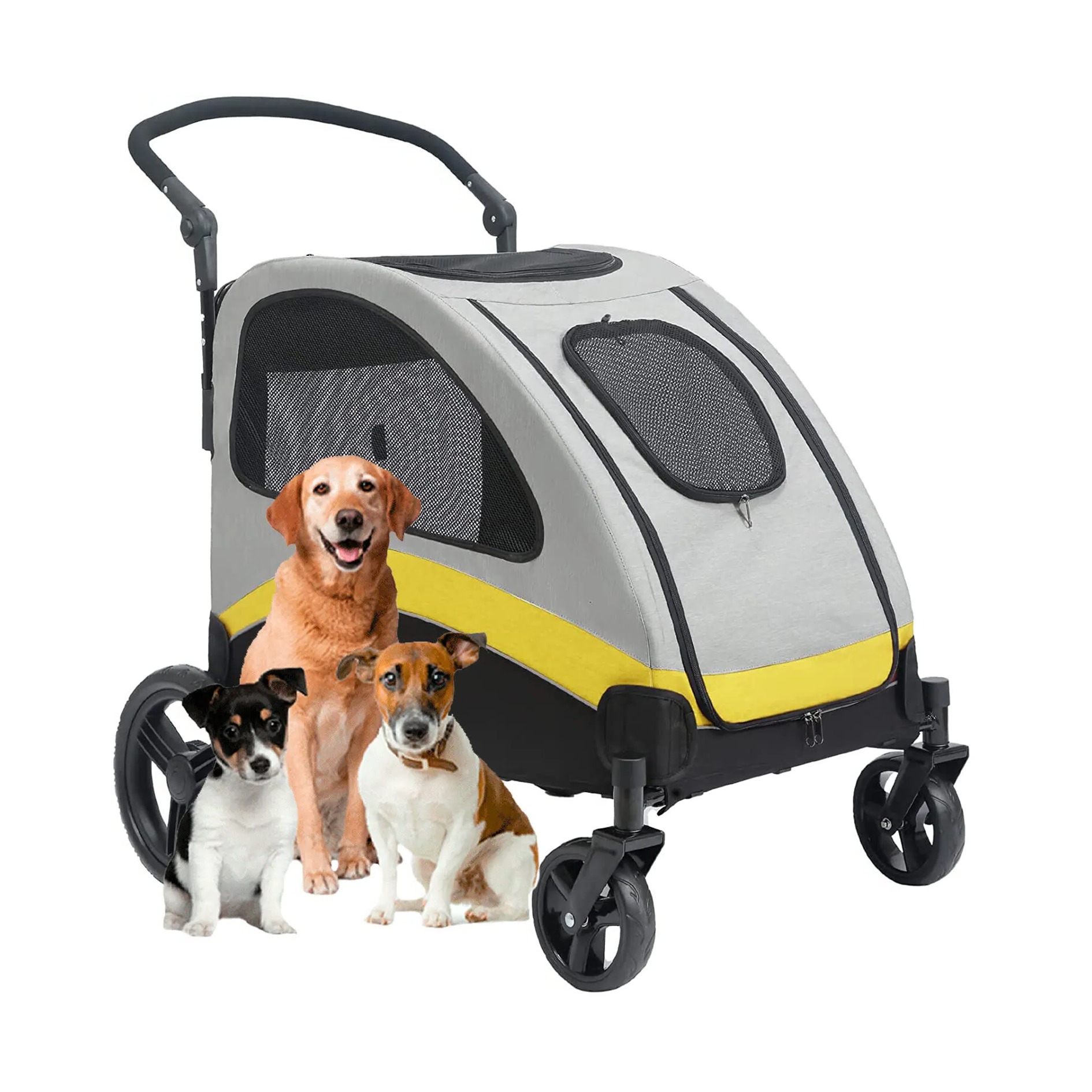 Pet stroller with three dogs on a white background