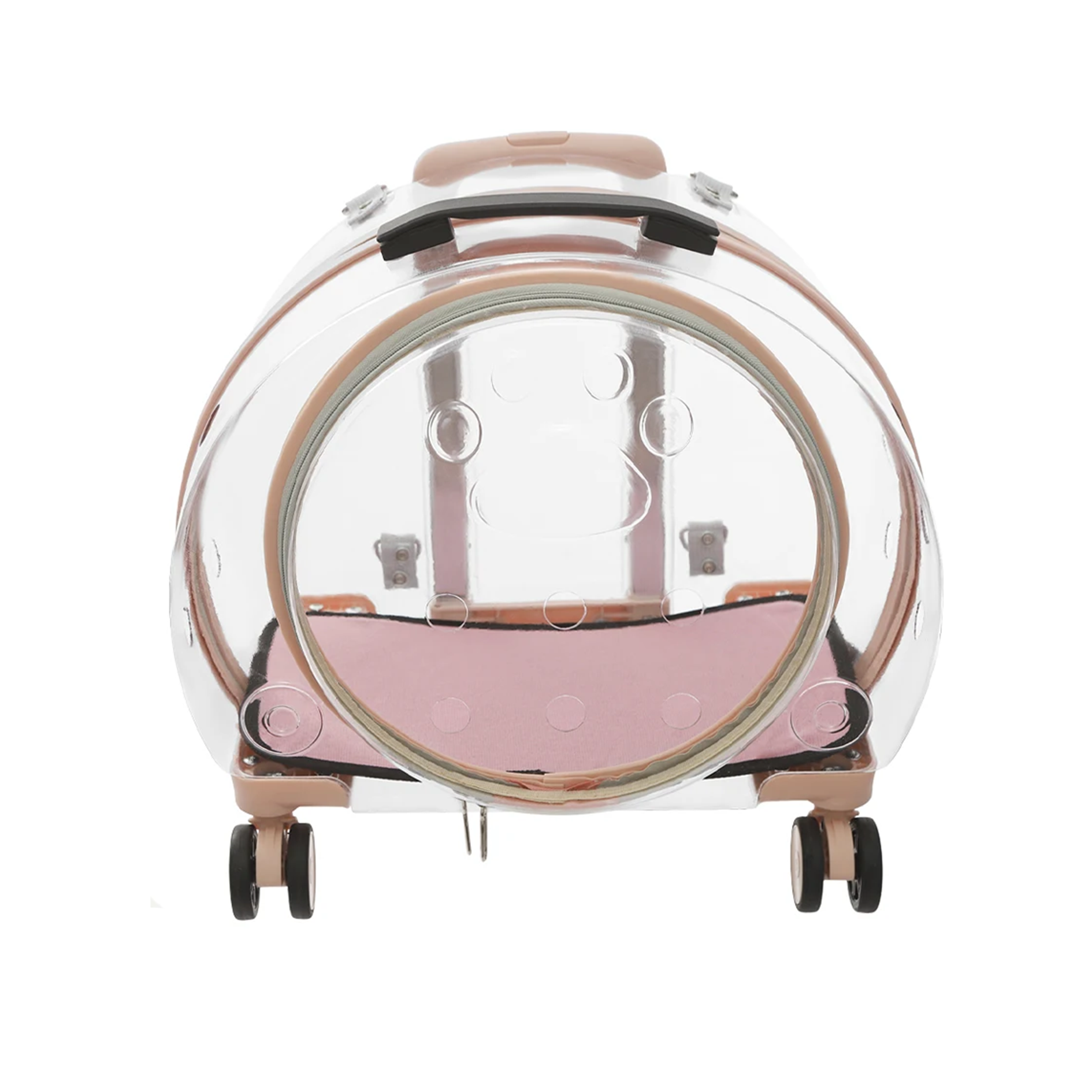 clear suitcase covers with pink interior accents on a white background
