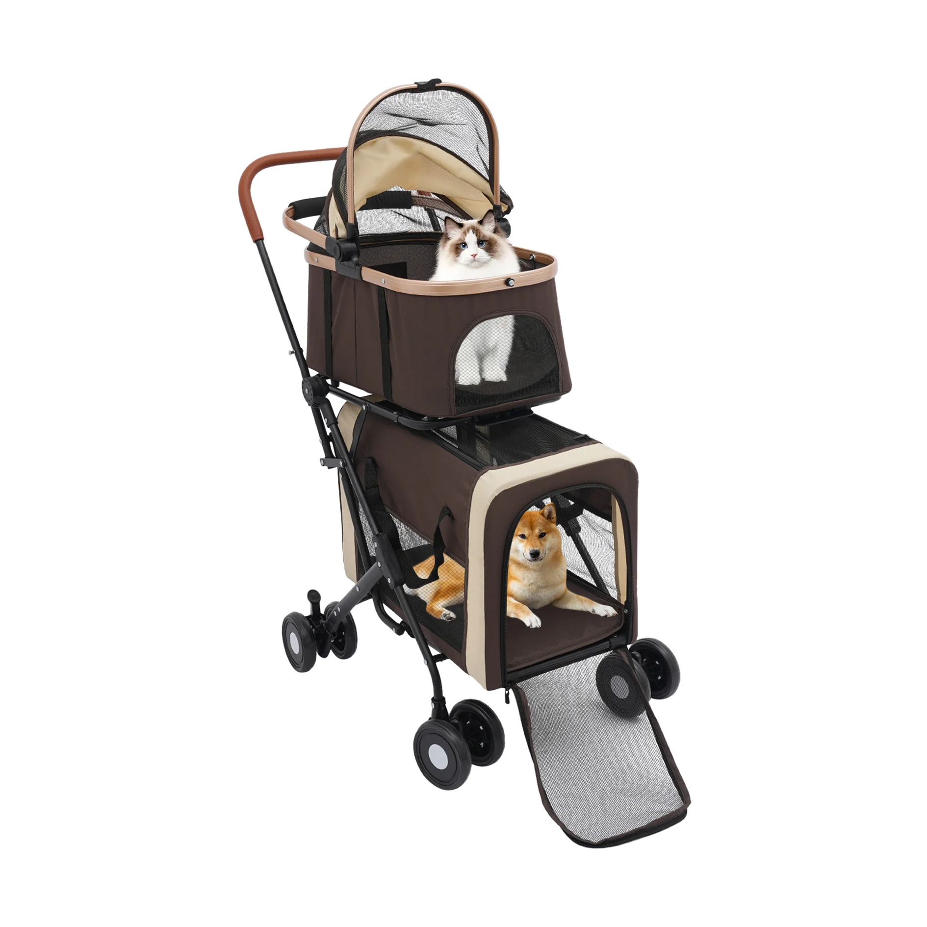 Pet stroller with two dogs inside on a white background