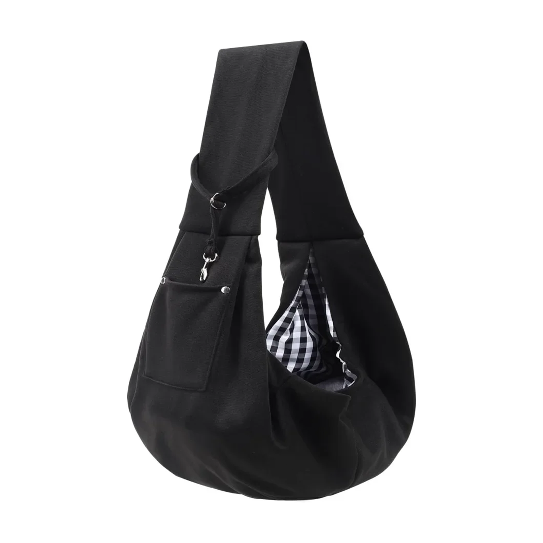 black pet sling carrier on a white background
